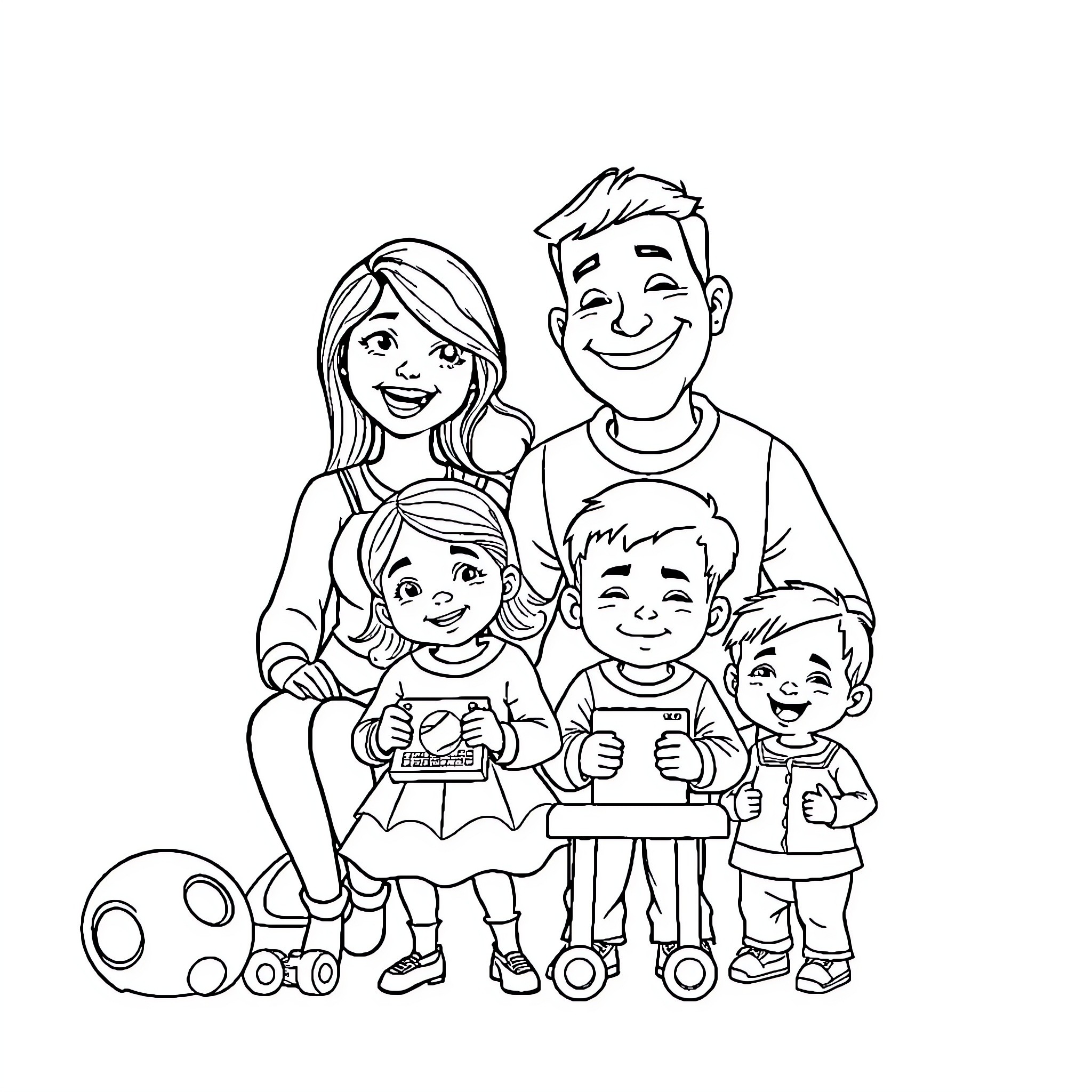 Family enjoying quality time together Coloring Page (free black-and-white line drawing printable PDF for all, from beginners to advanced learners, including children, teens, adults, and seniors)