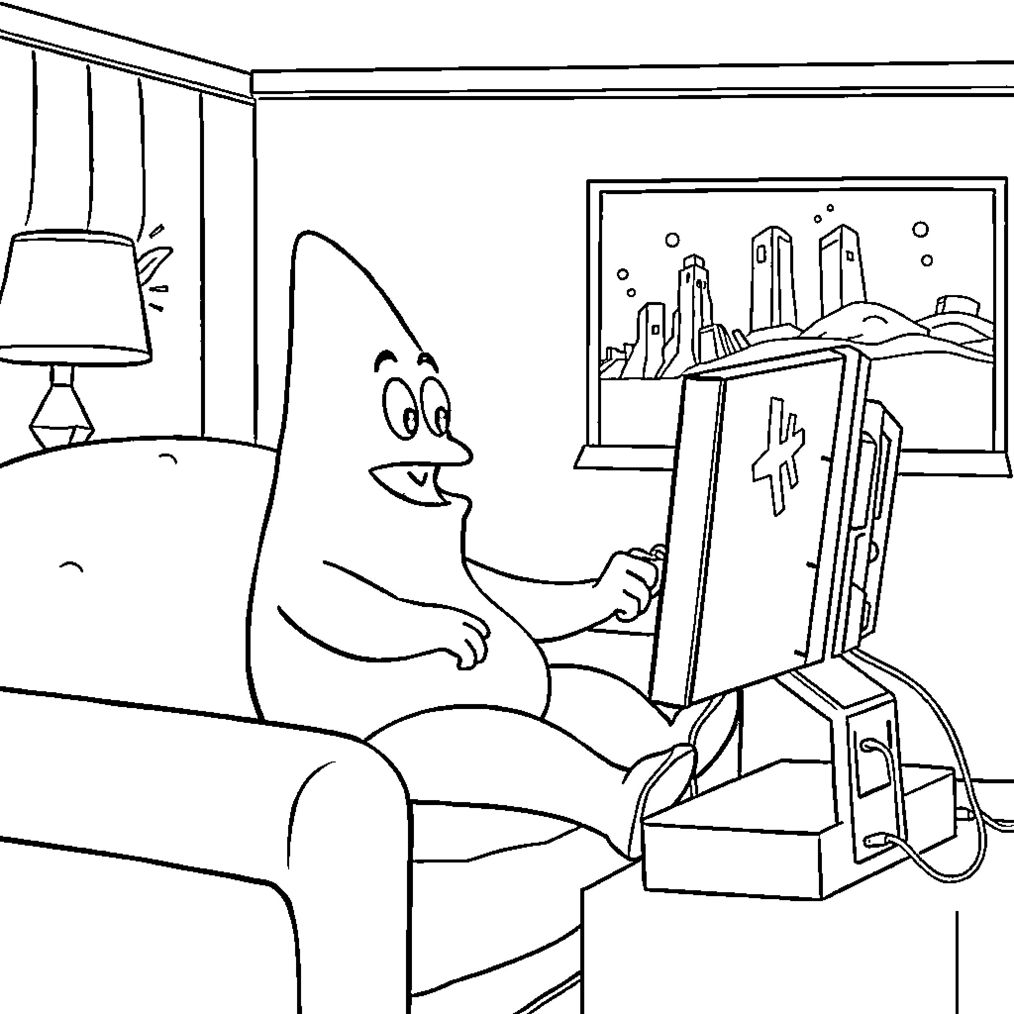 Patrick relaxing and painting a cityscape Coloring Page (free black-and-white line drawing printable PDF for all, from beginners to advanced learners, including children, teens, adults, and seniors)