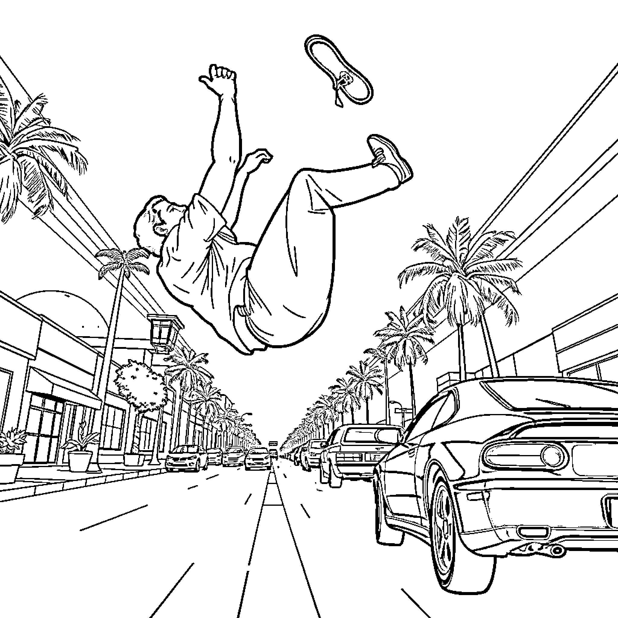 Michael's Daring Acrobatics in the City Coloring Page (free black-and-white line drawing printable PDF for all, from beginners to advanced learners, including children, teens, adults, and seniors)