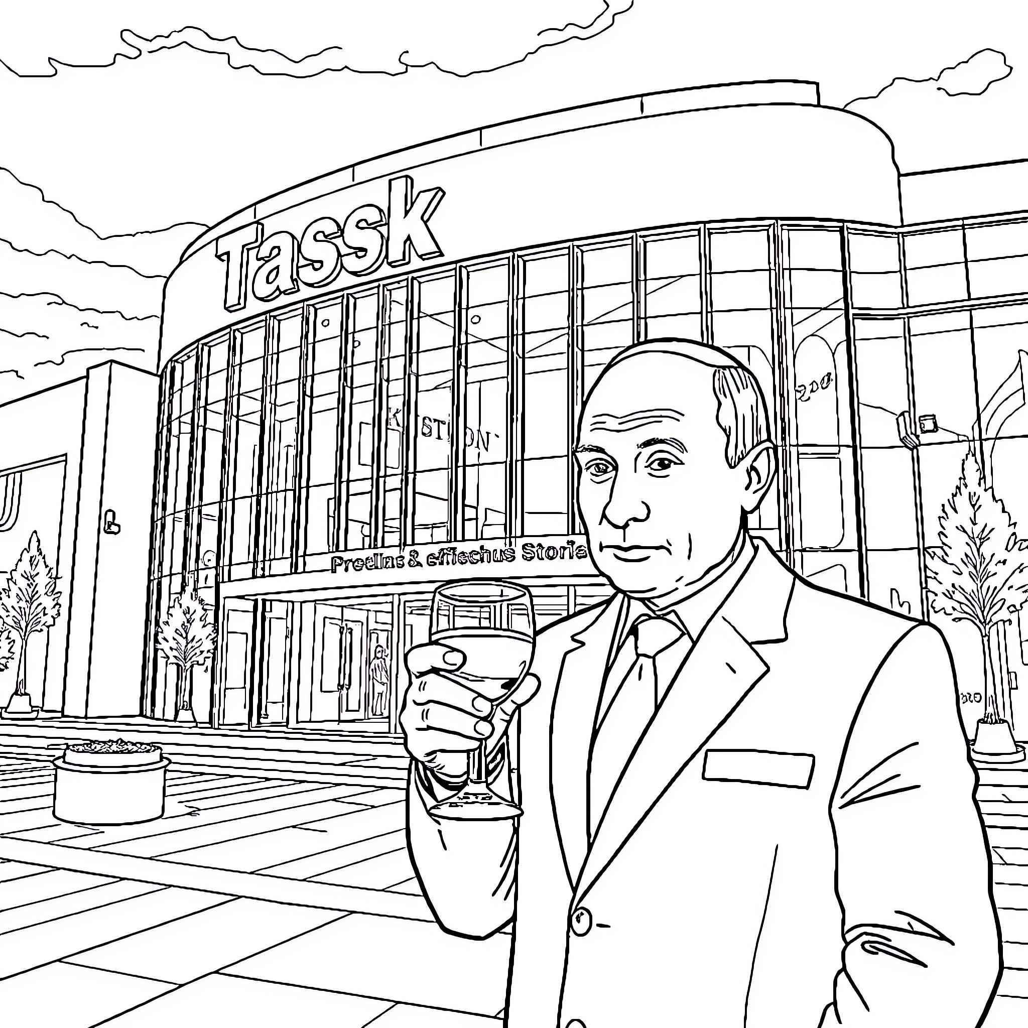 Putin inspecting a Tassk store with a serious expression Coloring Page (free black-and-white line drawing printable PDF for all, from beginners to advanced learners, including children, teens, adults, and seniors)