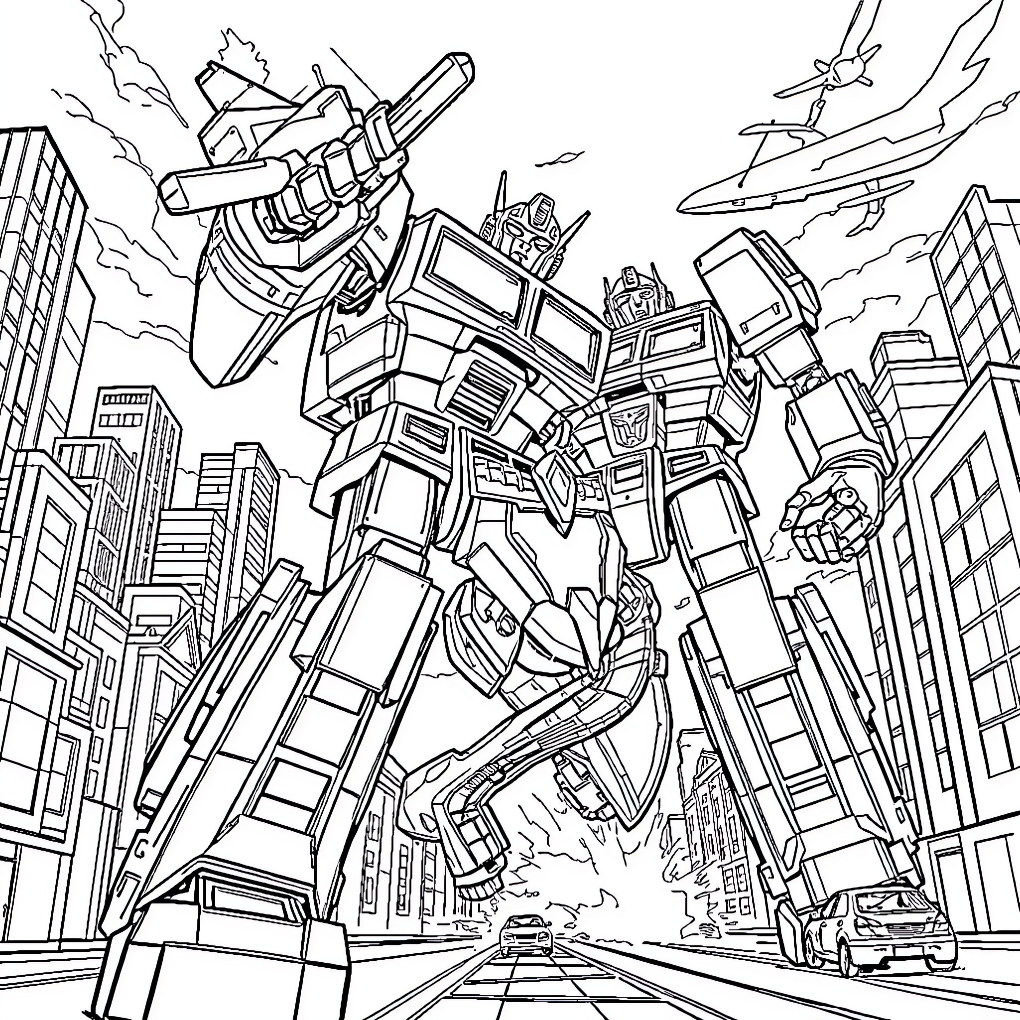 Transformer Battle in Futuristic Cityscape Coloring Page (free black-and-white line drawing printable PDF for all, from beginners to advanced learners, including children, teens, adults, and seniors)