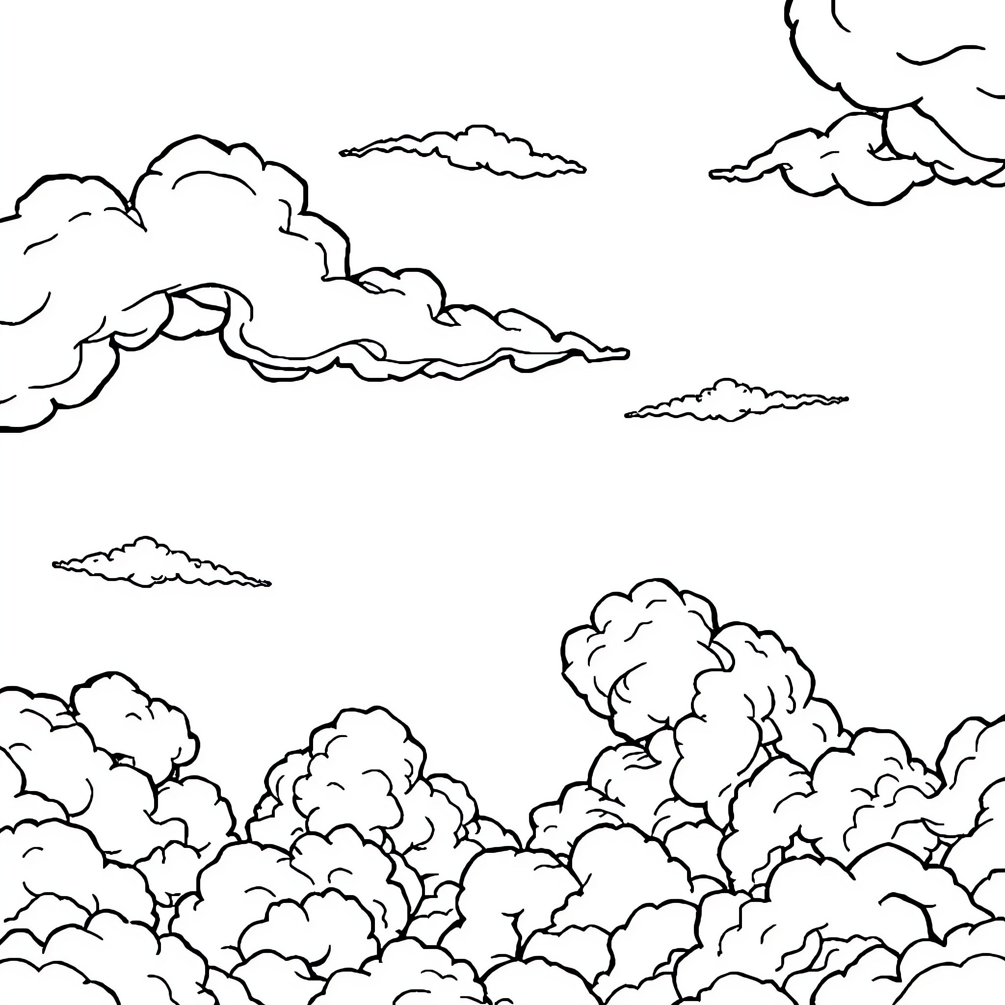Cloud formations in the sky Coloring Page (free black-and-white line drawing printable PDF for all, from beginners to advanced learners, including children, teens, adults, and seniors)