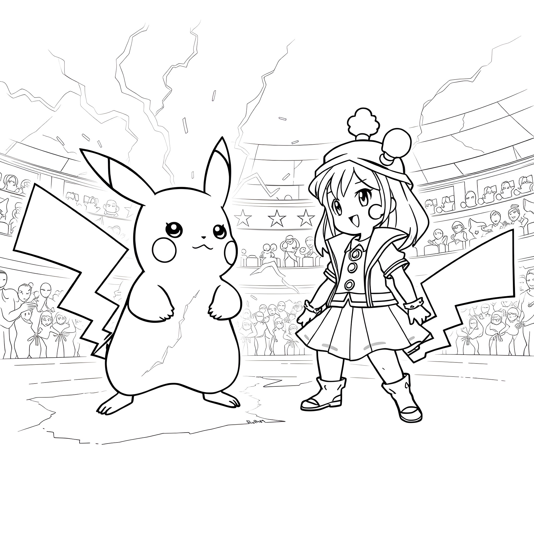 Pikachu interacting with cheerful anime character Coloring Page (free black-and-white line drawing printable PDF for all, from beginners to advanced learners, including children, teens, adults, and seniors)
