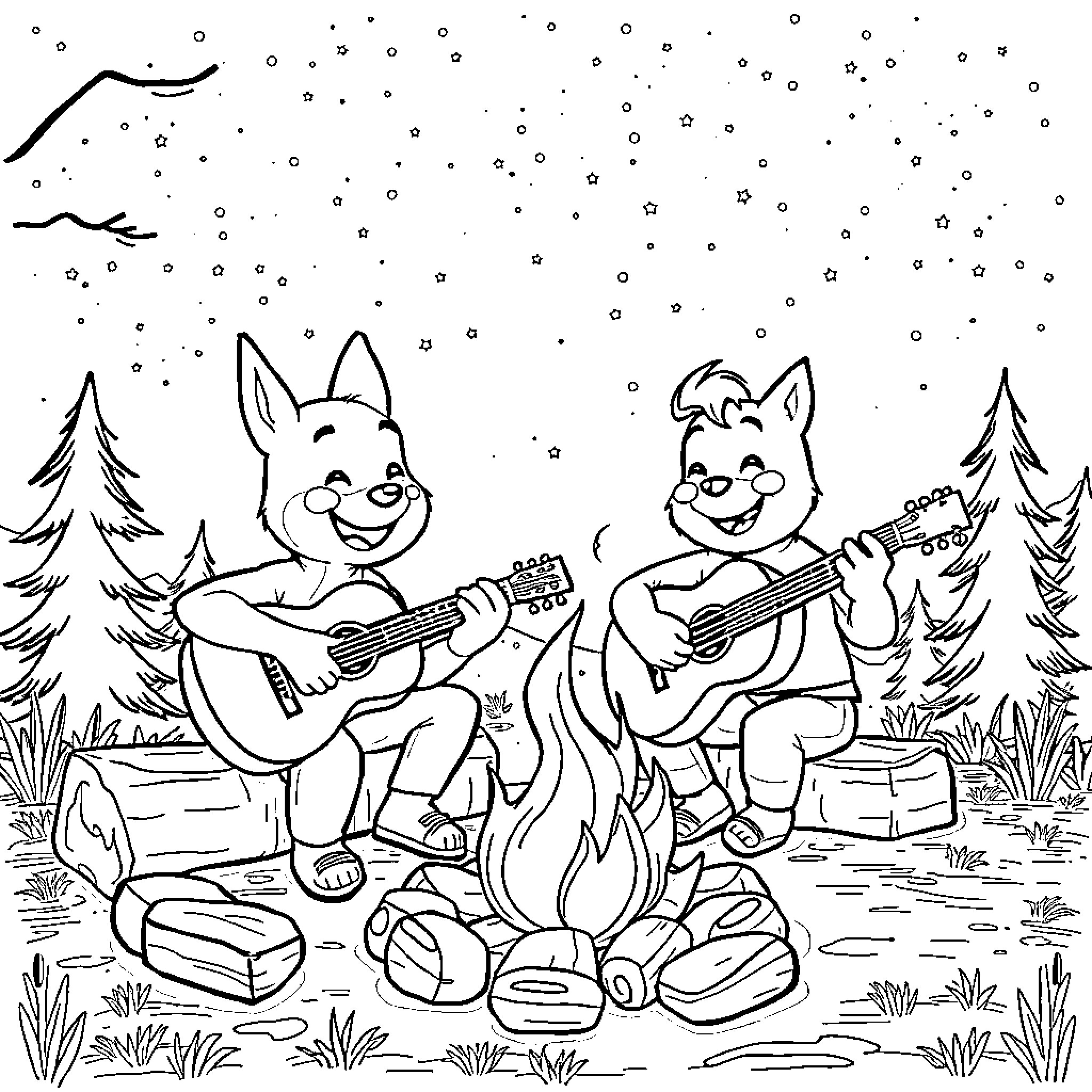 Bluey friends sing and play music by the campfire Coloring Page (free black-and-white line drawing printable PDF for all, from beginners to advanced learners, including children, teens, adults, and seniors)