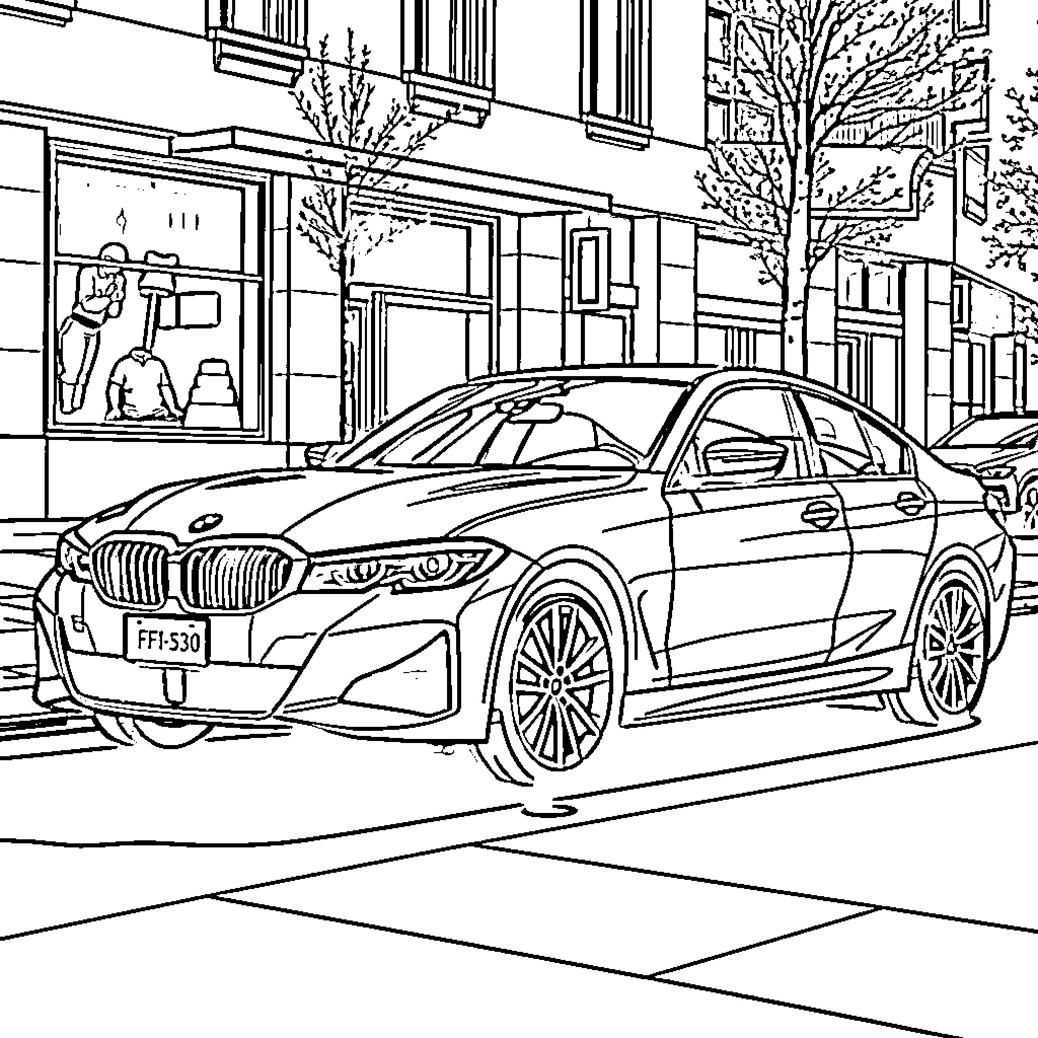 BMW parked on a city street Coloring Page (free black-and-white line drawing printable PDF for all, from beginners to advanced learners, including children, teens, adults, and seniors)