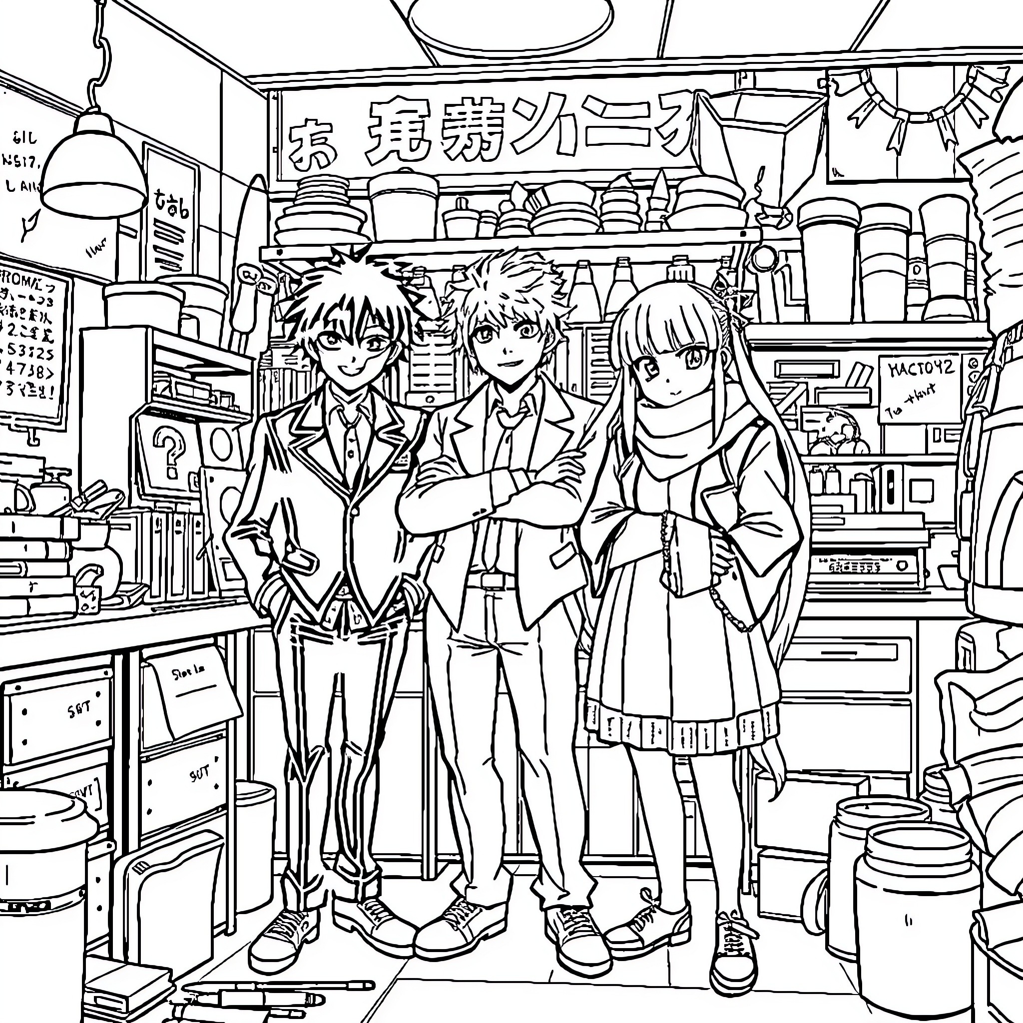 Gintama - Trio of friends in a quirky convenience store Coloring Page (free black-and-white line drawing printable PDF for all, from beginners to advanced learners, including children, teens, adults, and seniors)