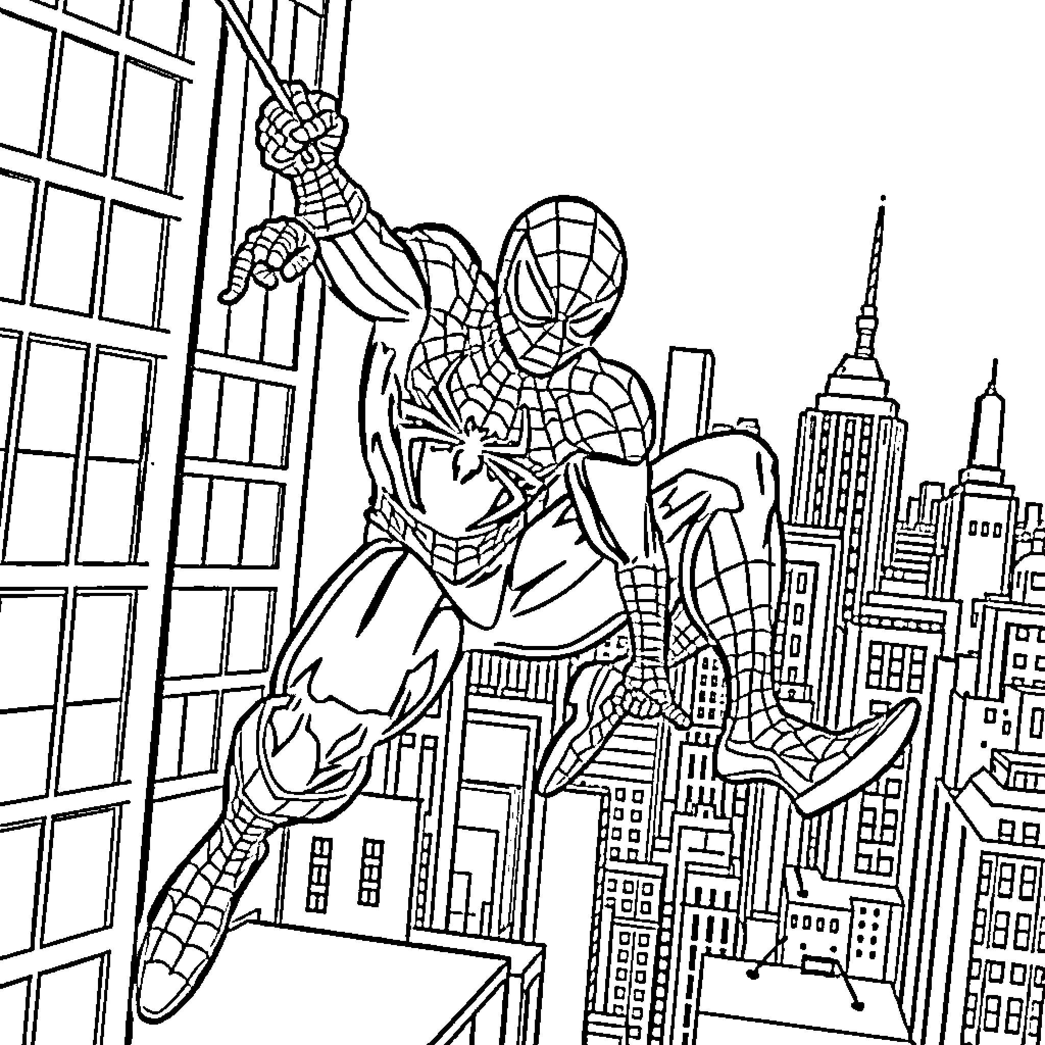 Spiderman swinging through the city skyline Coloring Page (free black-and-white line drawing printable PDF for all, from beginners to advanced learners, including children, teens, adults, and seniors)