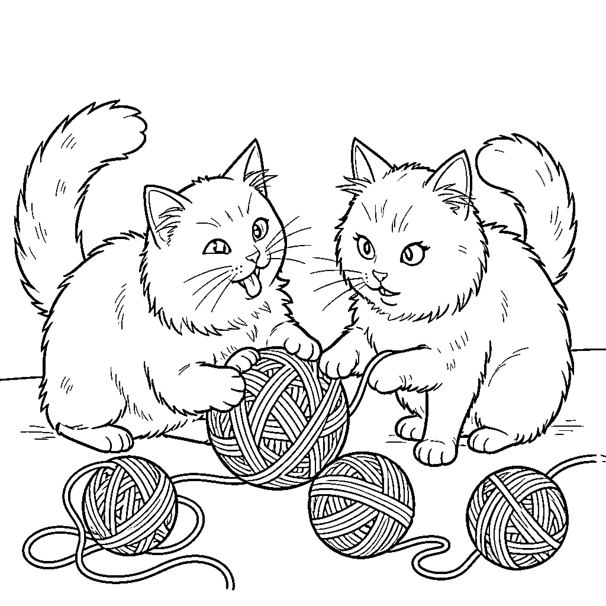 Cat Kittens Playing with Yarn Balls Coloring Page (free black-and-white line drawing printable PDF for all, from beginners to advanced learners, including children, teens, adults, and seniors)