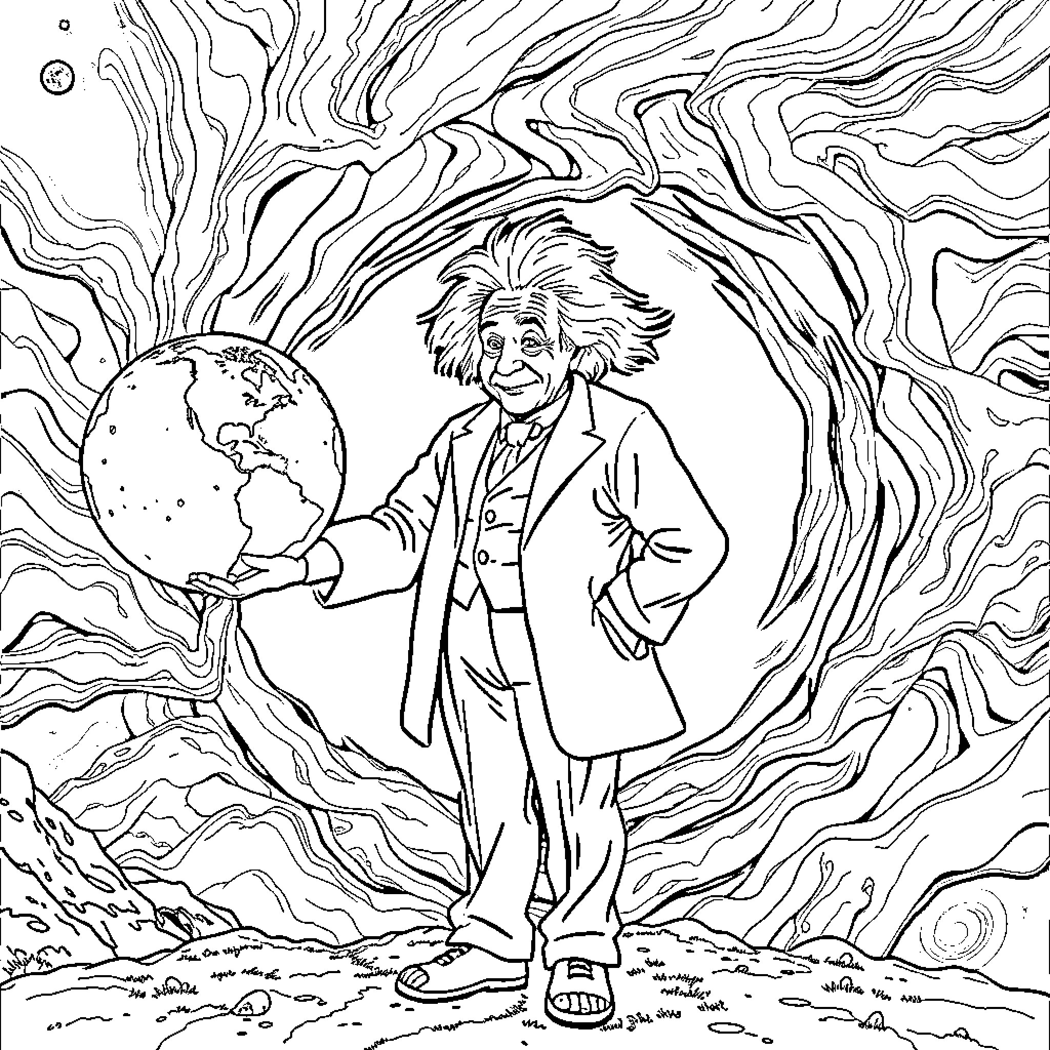 Einstein's Imaginative Journey with the World Coloring Page (free black-and-white line drawing printable PDF for all, from beginners to advanced learners, including children, teens, adults, and seniors)