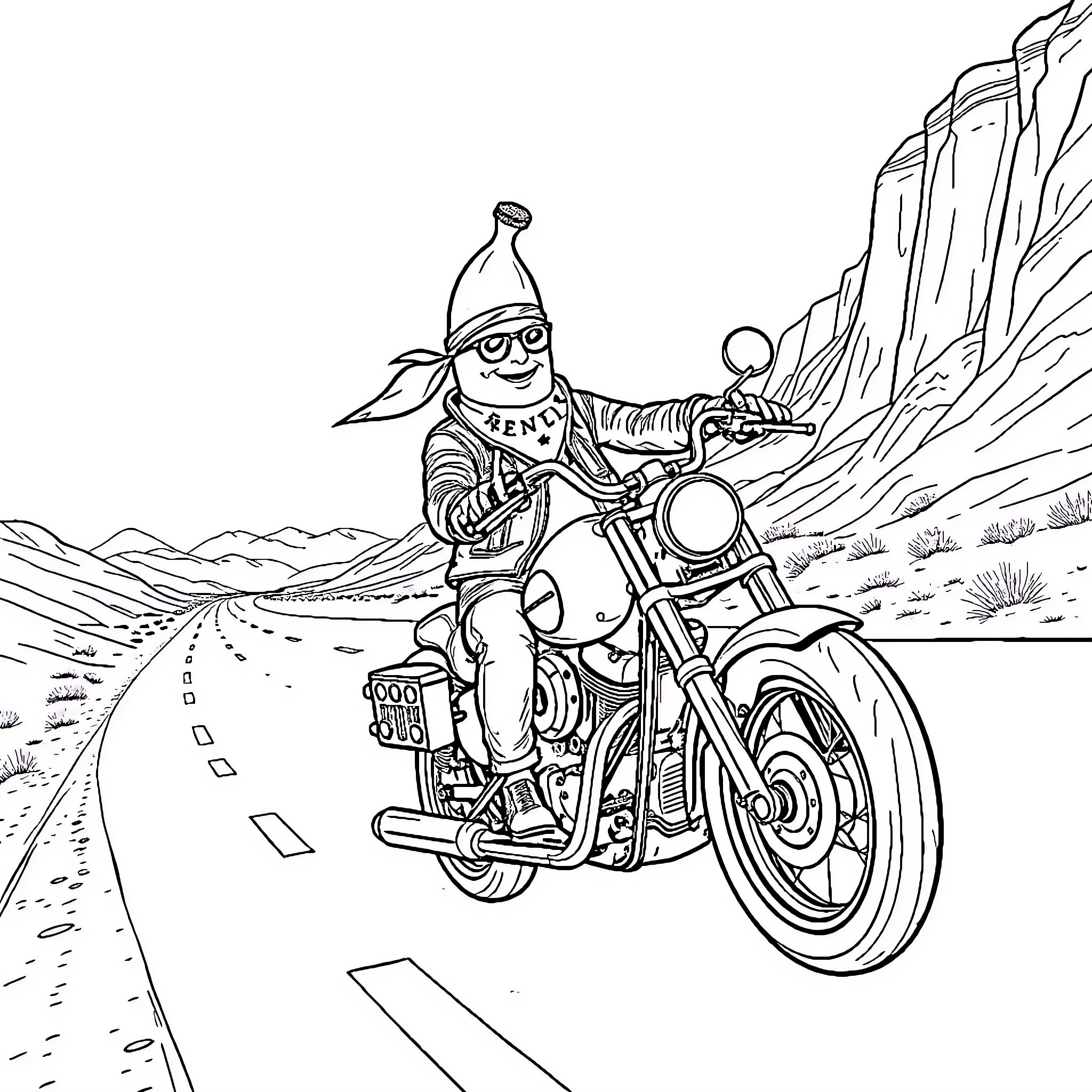 Banana riding a motorcycle through the desert Coloring Page (free black-and-white line drawing printable PDF for all, from beginners to advanced learners, including children, teens, adults, and seniors)