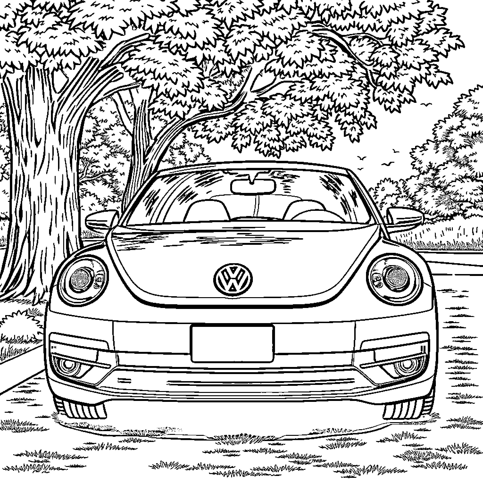 Volkswagen car parked in the woods Coloring Page (free black-and-white line drawing printable PDF for all, from beginners to advanced learners, including children, teens, adults, and seniors)