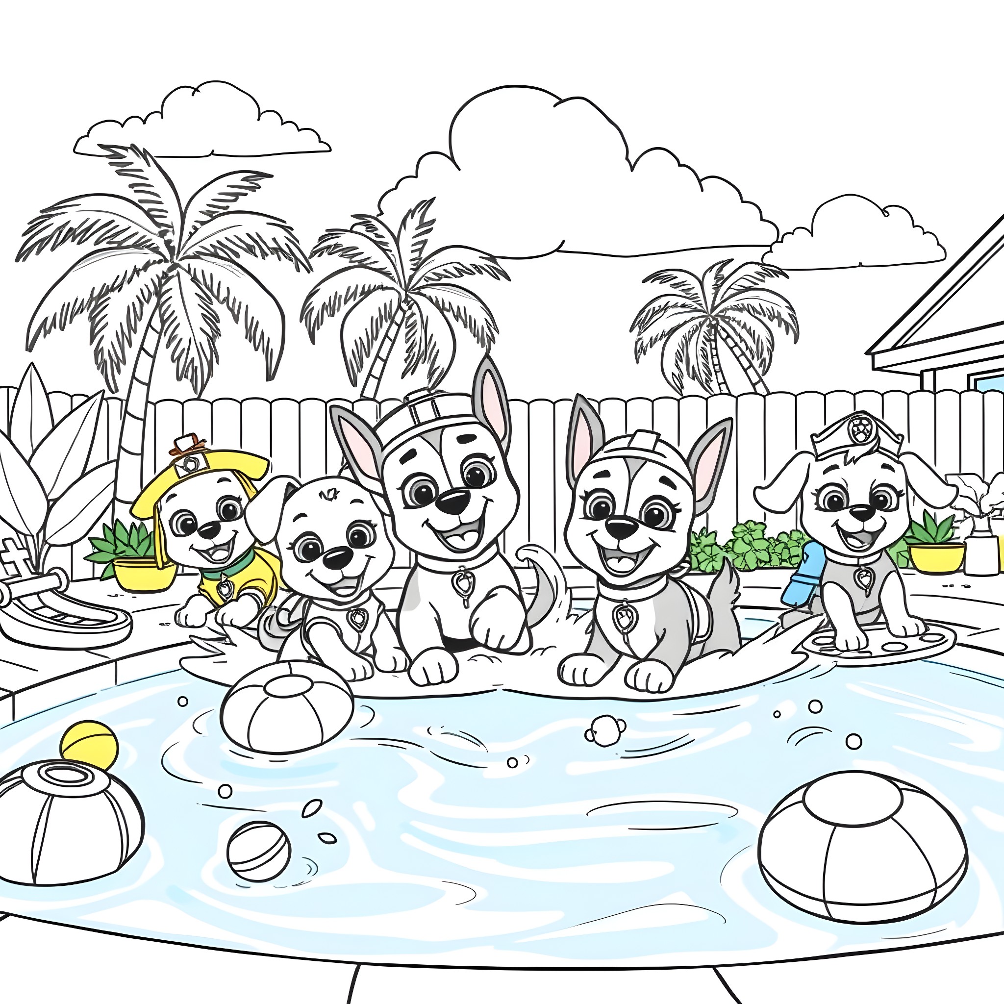 Paw Patrol having fun at the beach Coloring Page (free black-and-white line drawing printable PDF for all, from beginners to advanced learners, including children, teens, adults, and seniors)
