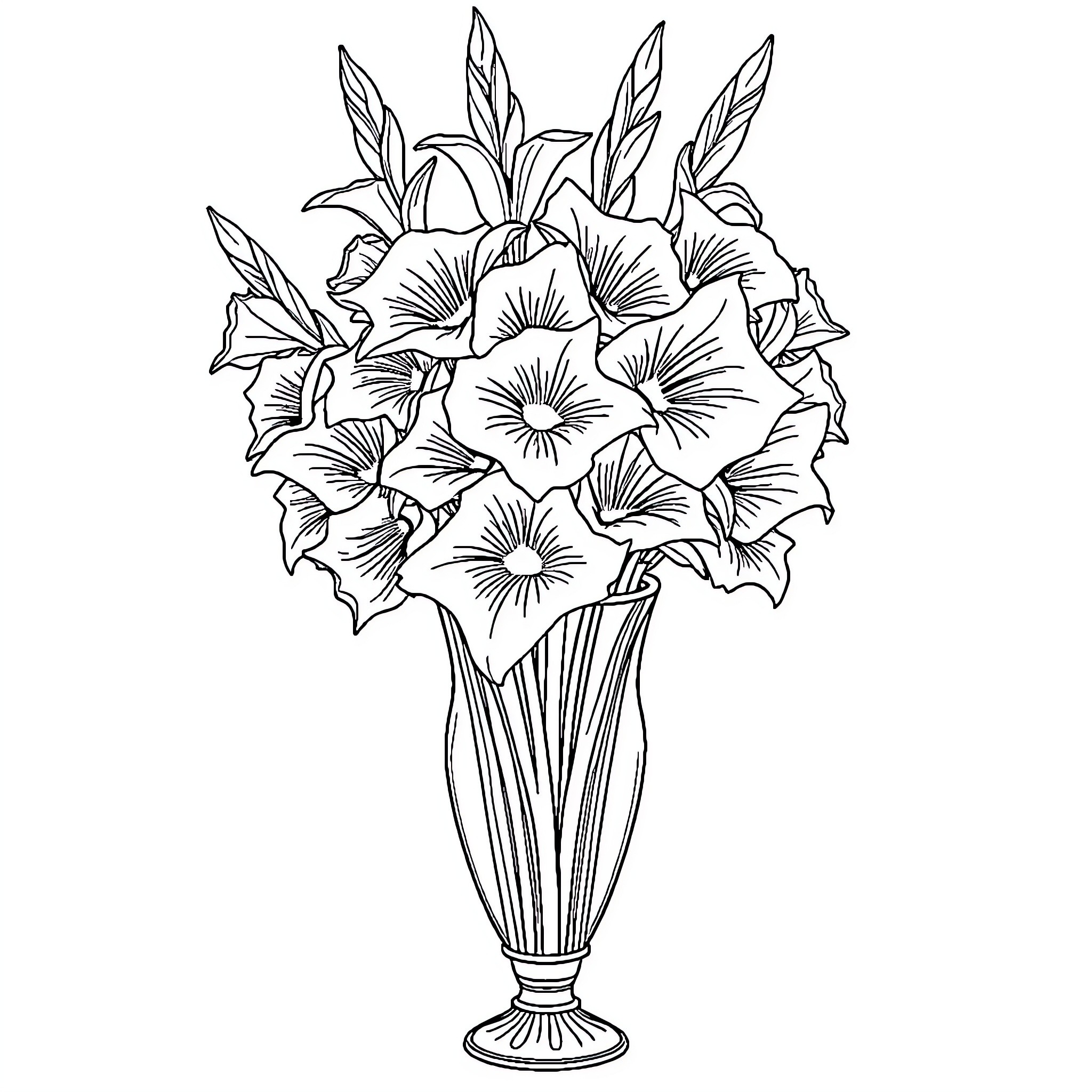 Gladiolus bouquet in a vase Coloring Page (free black-and-white line drawing printable PDF for all, from beginners to advanced learners, including children, teens, adults, and seniors)