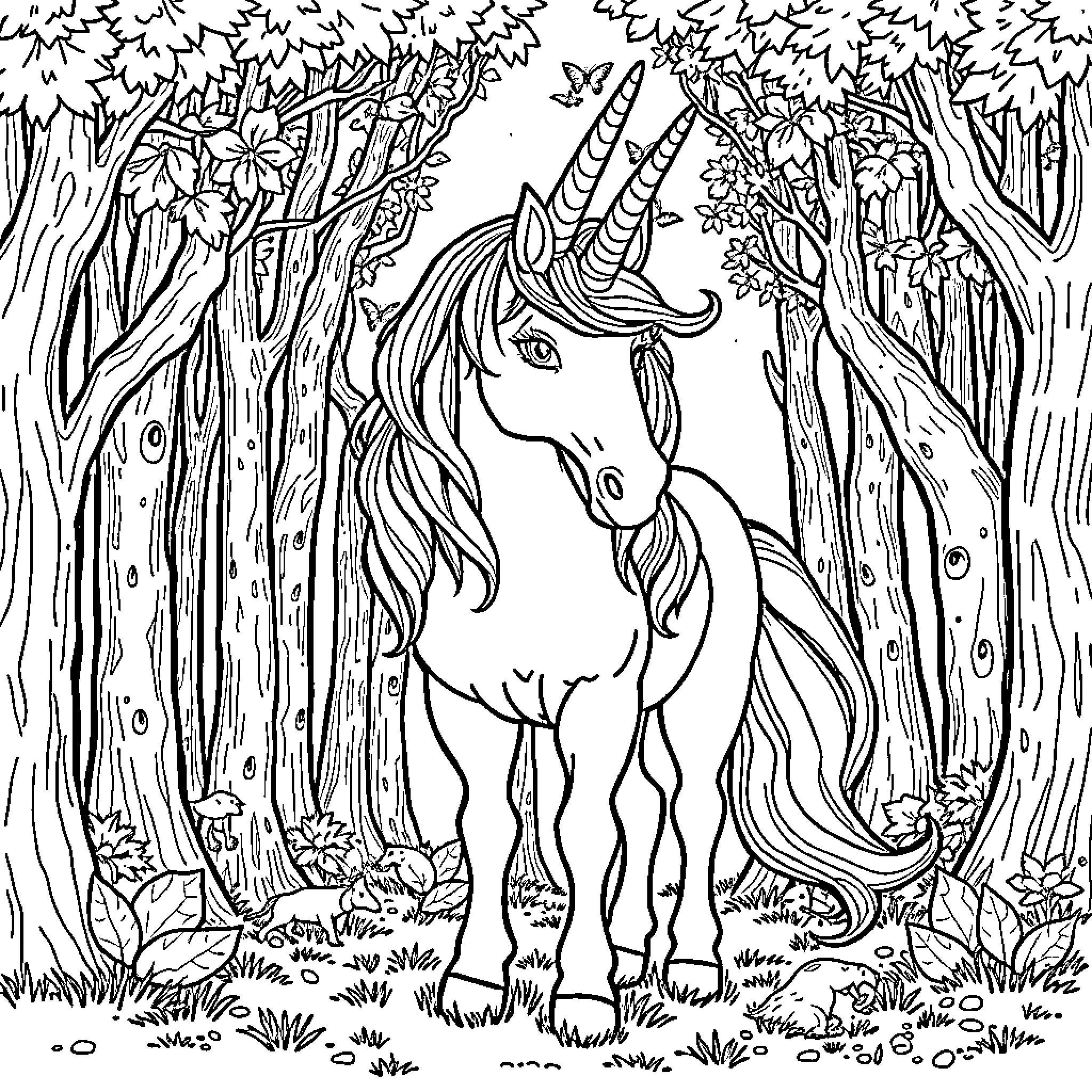 Unicorn Enchanted in the Mystical Forest Coloring Page (free black-and-white line drawing printable PDF for all, from beginners to advanced learners, including children, teens, adults, and seniors)