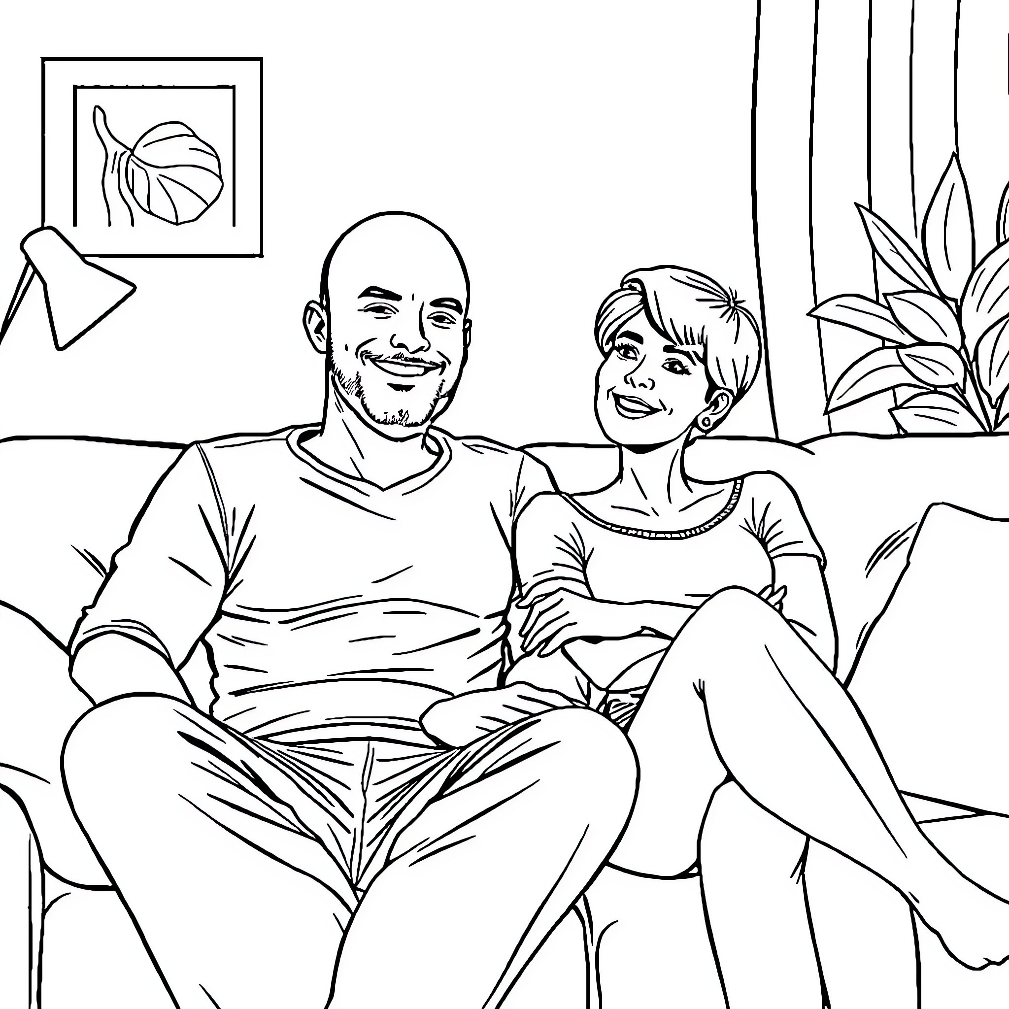 Person sitting together on couch enjoying relaxed moment Coloring Page (free black-and-white line drawing printable PDF for all, from beginners to advanced learners, including children, teens, adults, and seniors)