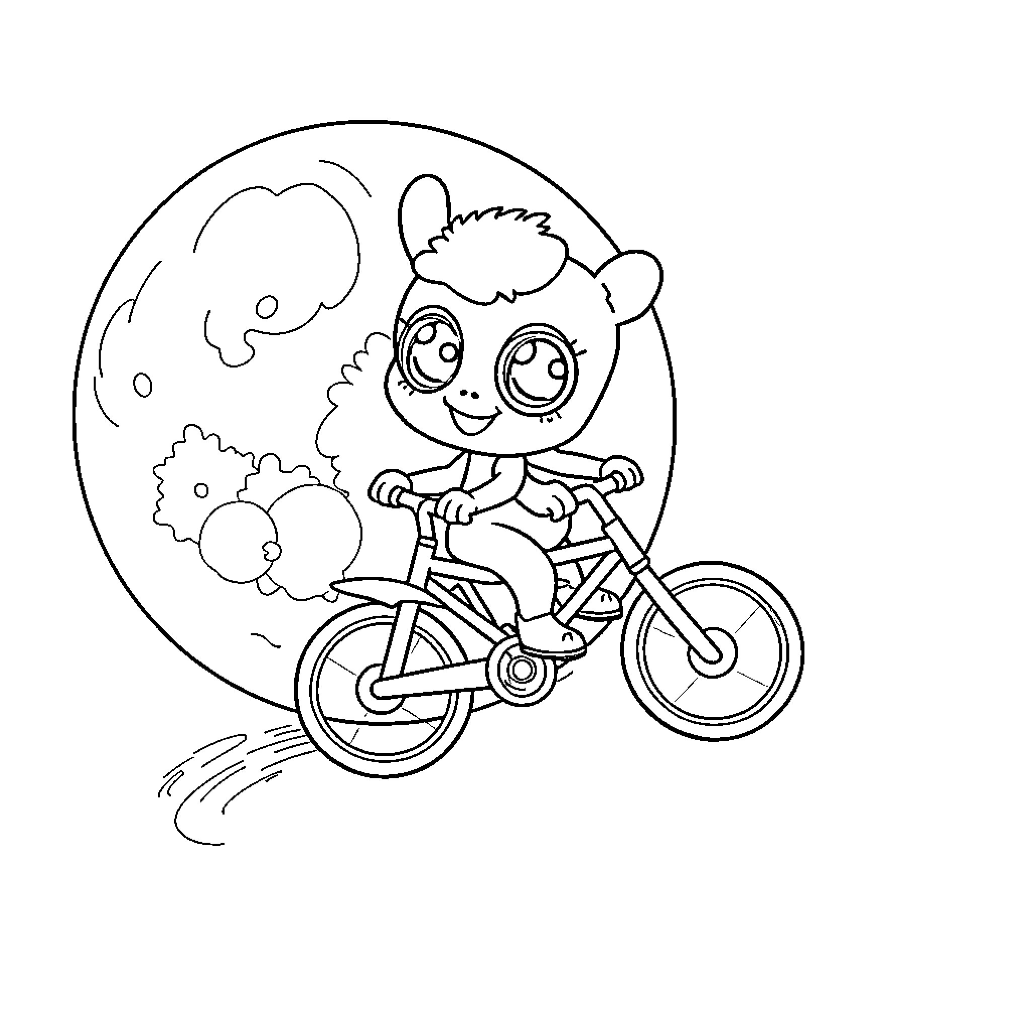 Labubu riding a bicycle in the moonlight Coloring Page (free black-and-white line drawing printable PDF for all, from beginners to advanced learners, including children, teens, adults, and seniors)