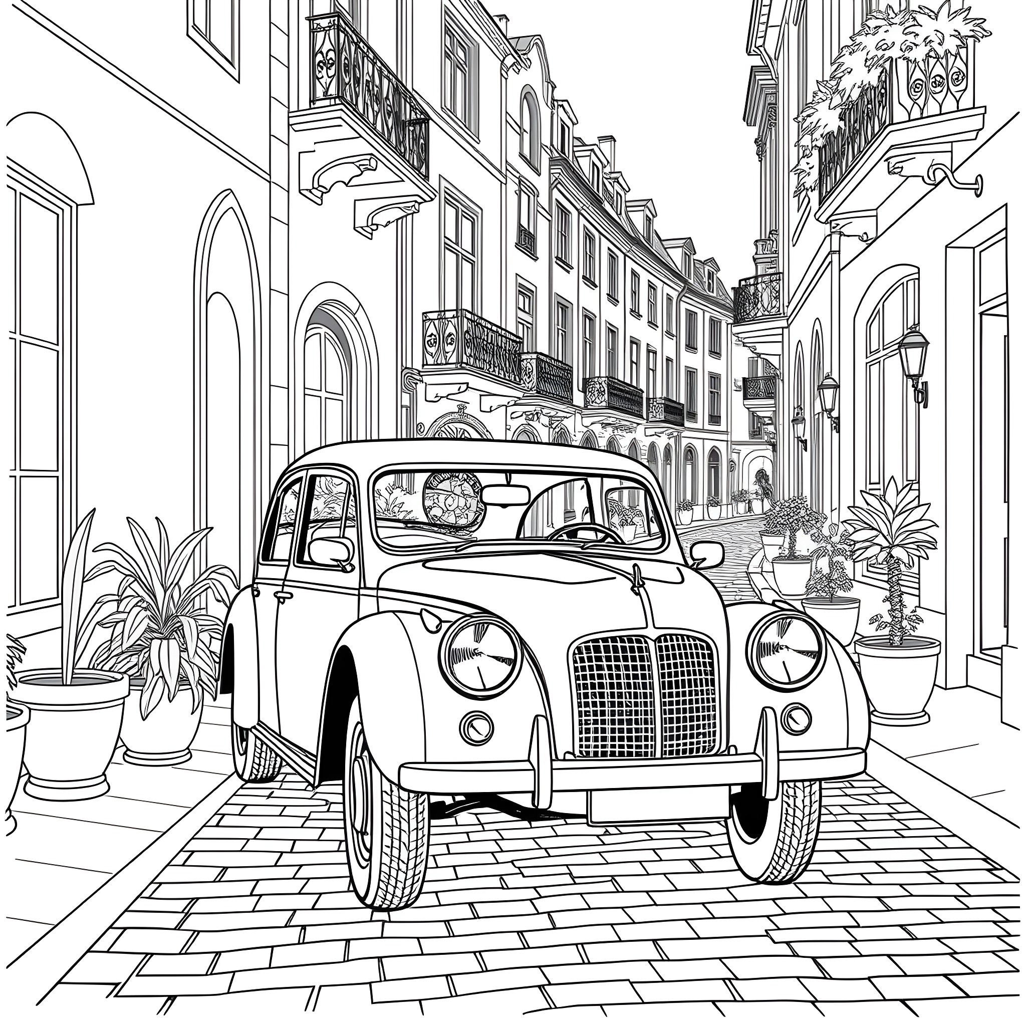Classic Vintage Car in a European Street Scene Coloring Page (free black-and-white line drawing printable PDF for all, from beginners to advanced learners, including children, teens, adults, and seniors)