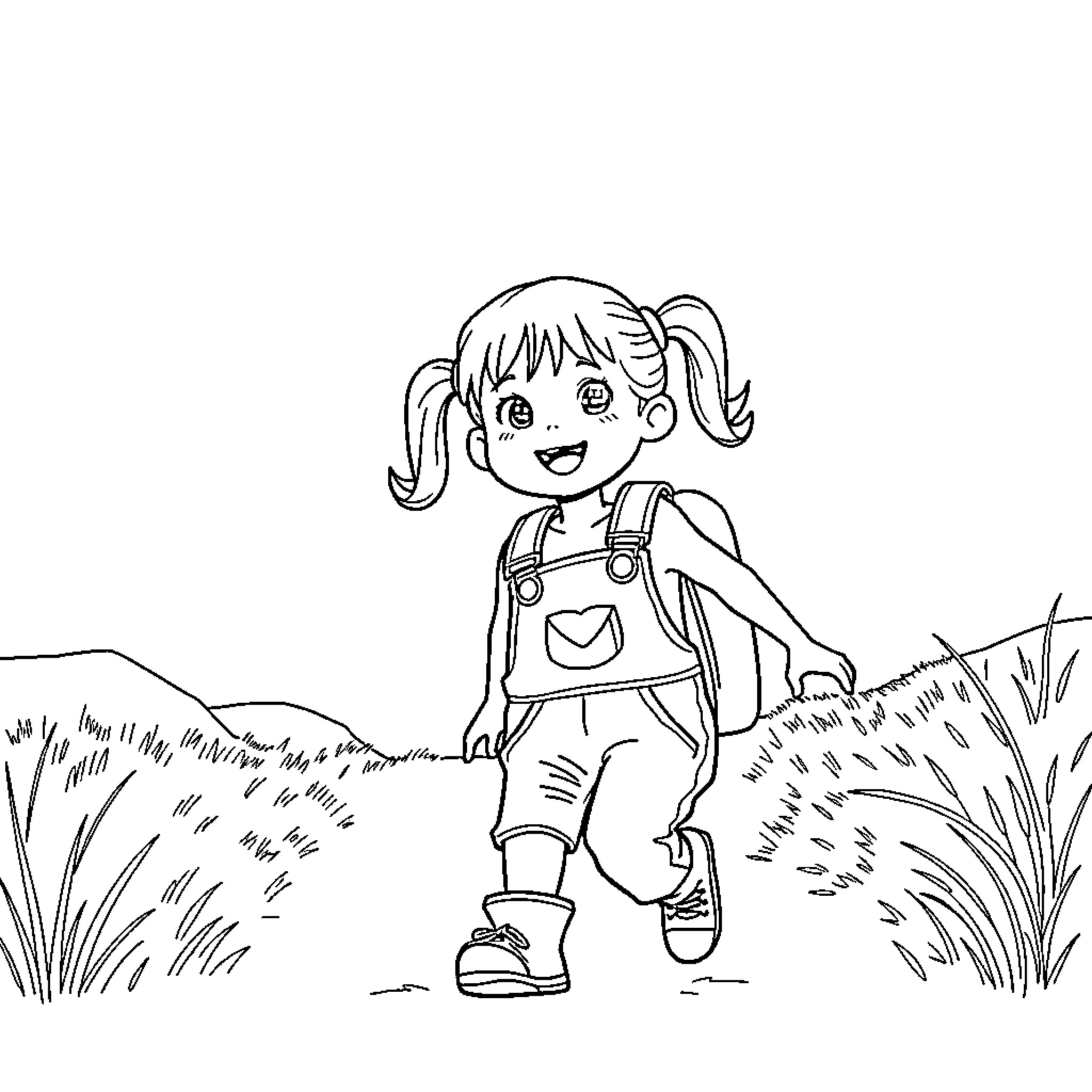 Girl Exploring the Outdoors with Curiosity Coloring Page (free black-and-white line drawing printable PDF for all, from beginners to advanced learners, including children, teens, adults, and seniors)