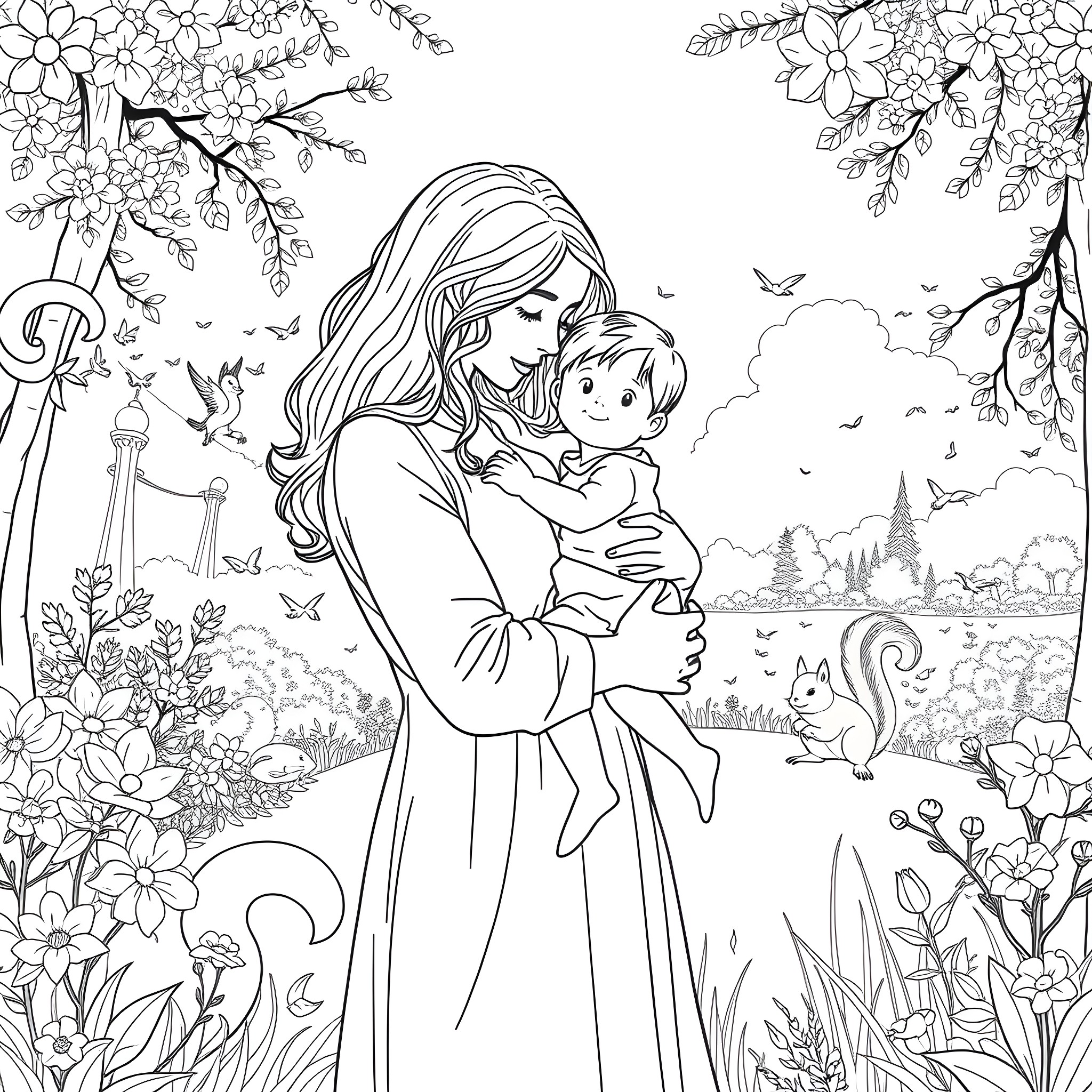 Mother and child embracing in a serene floral setting Coloring Page (free black-and-white line drawing printable PDF for all, from beginners to advanced learners, including children, teens, adults, and seniors)