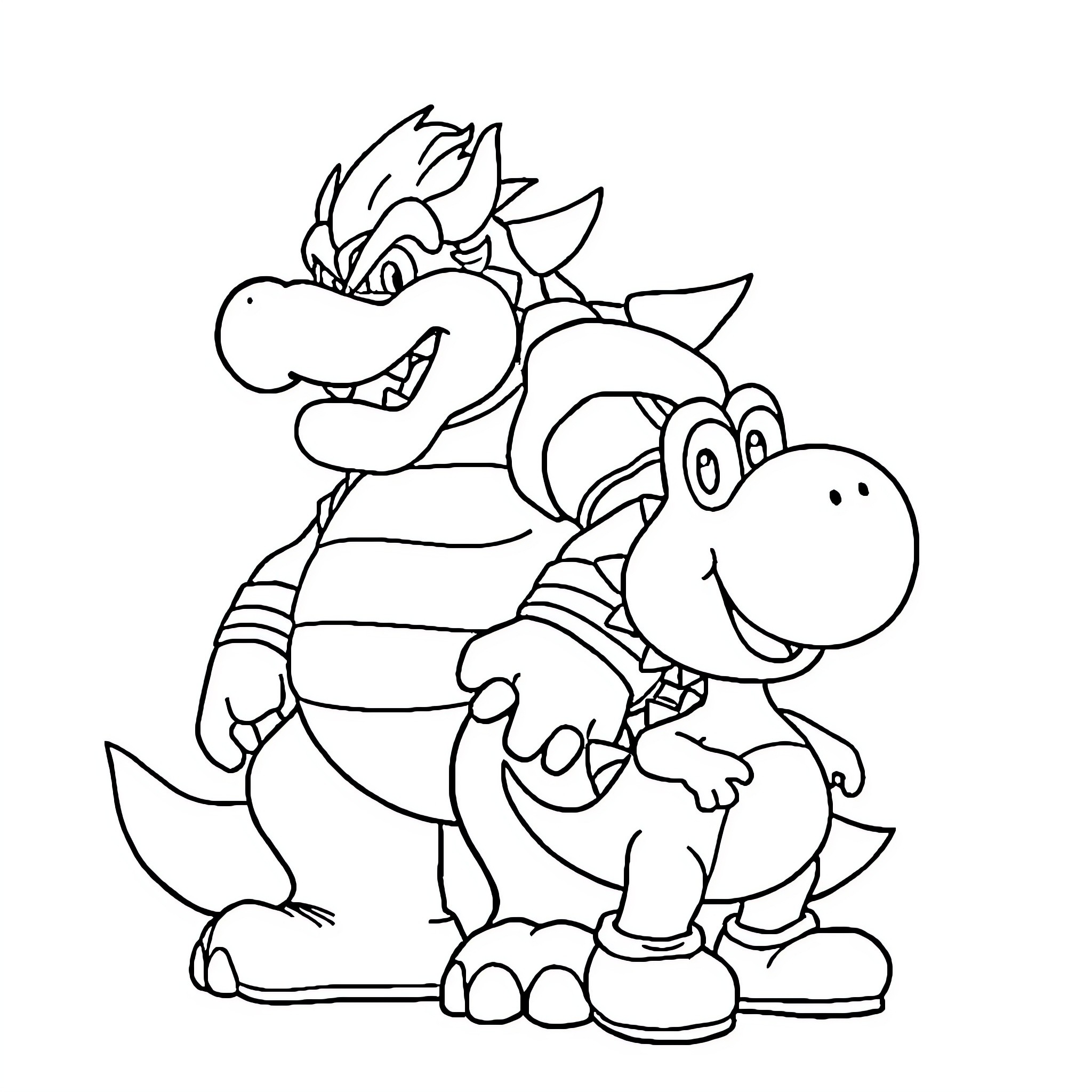Bowser and Yoshi playing together in cartoon style Coloring Page (free black-and-white line drawing printable PDF for all, from beginners to advanced learners, including children, teens, adults, and seniors)