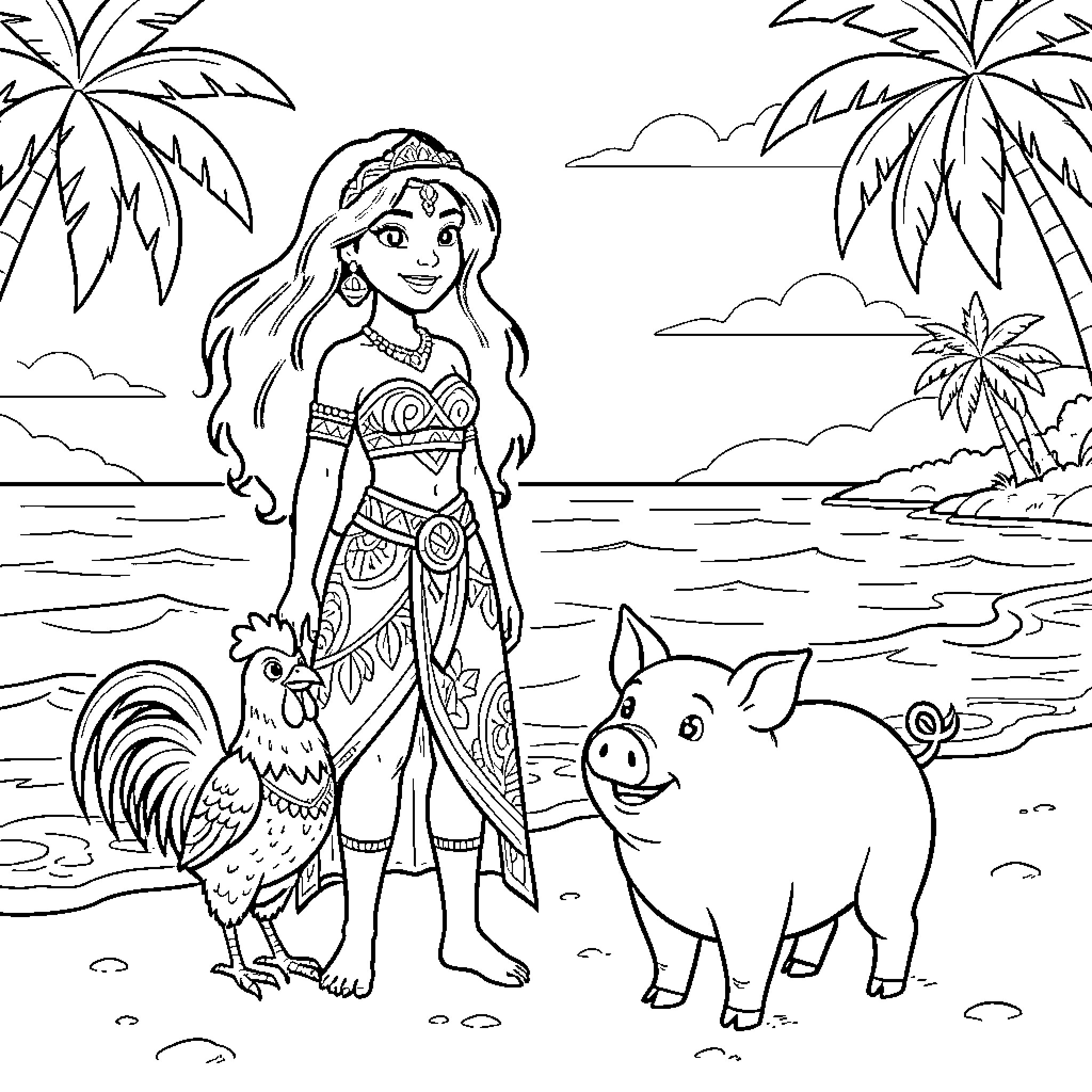 Vaiana standing smiling with her pig and rooster Coloring Page (free black-and-white line drawing printable PDF for all, from beginners to advanced learners, including children, teens, adults, and seniors)