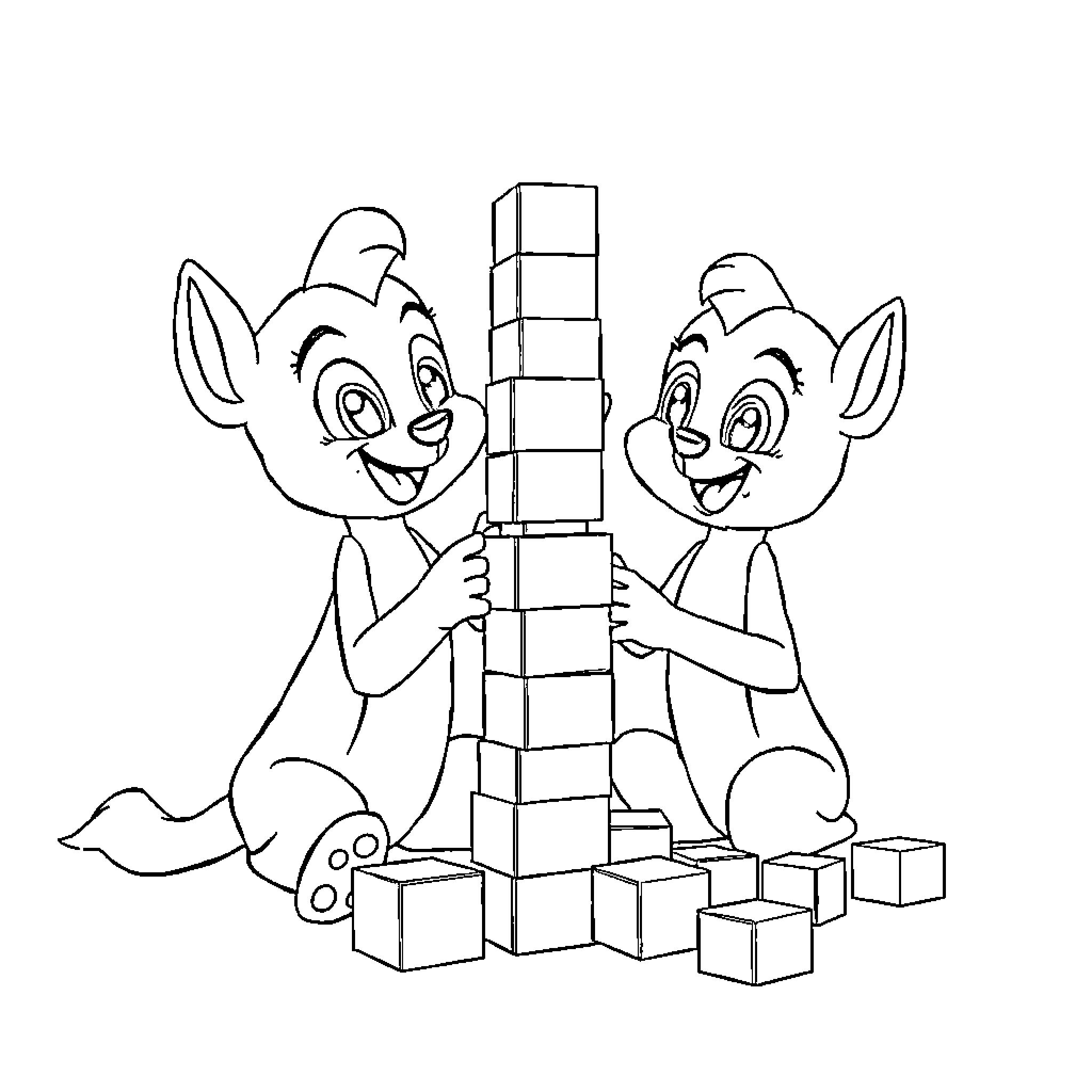 Bluey characters building a tower together Coloring Page (free black-and-white line drawing printable PDF for all, from beginners to advanced learners, including children, teens, adults, and seniors)