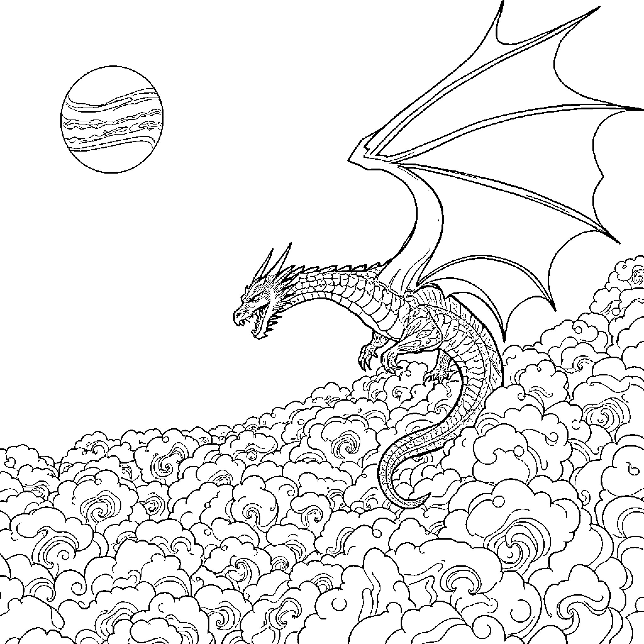 Dragon emerging from cloudy skies Coloring Page (free black-and-white line drawing printable PDF for all, from beginners to advanced learners, including children, teens, adults, and seniors)