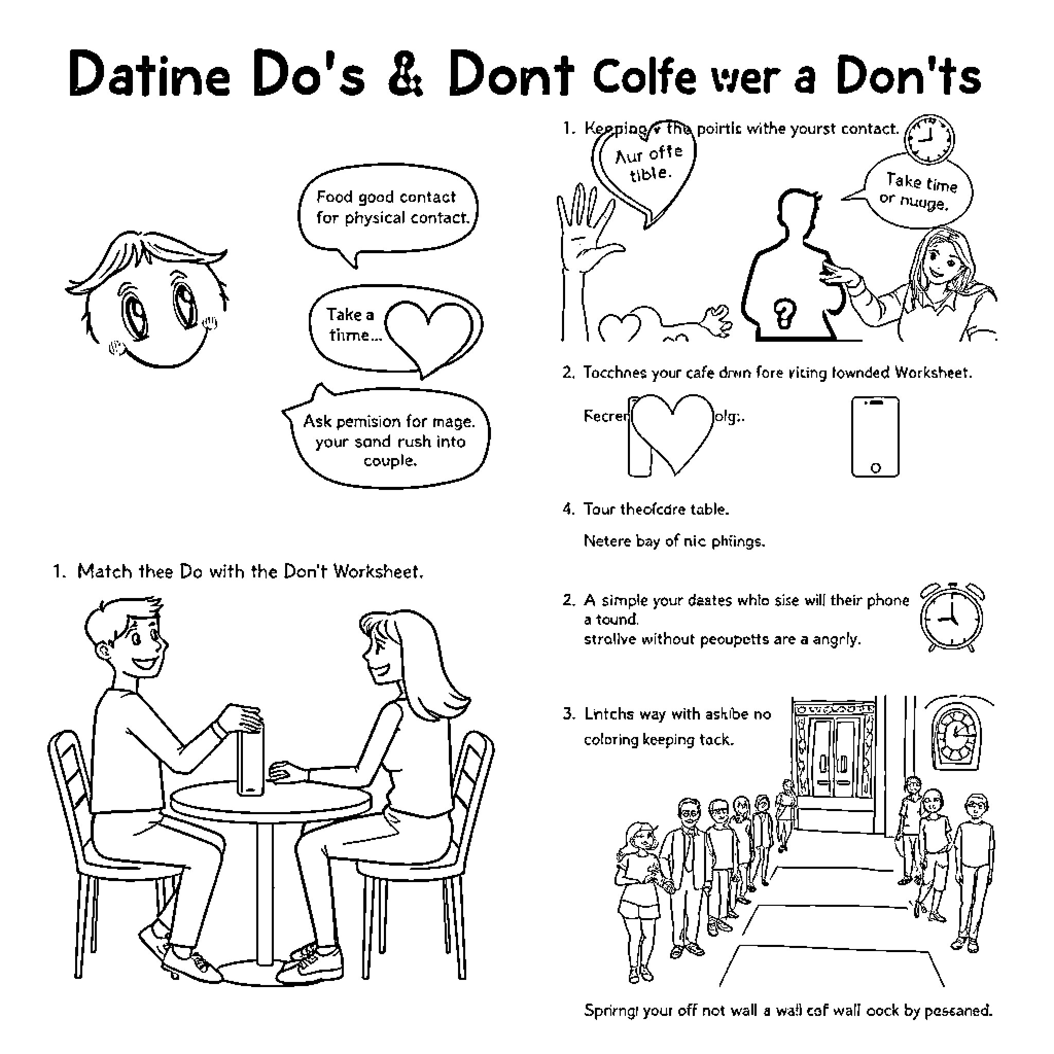 Date Do's & Don't Colfe wer a Dont's Coloring Page (free black-and-white line drawing printable PDF for all, from beginners to advanced learners, including children, teens, adults, and seniors)