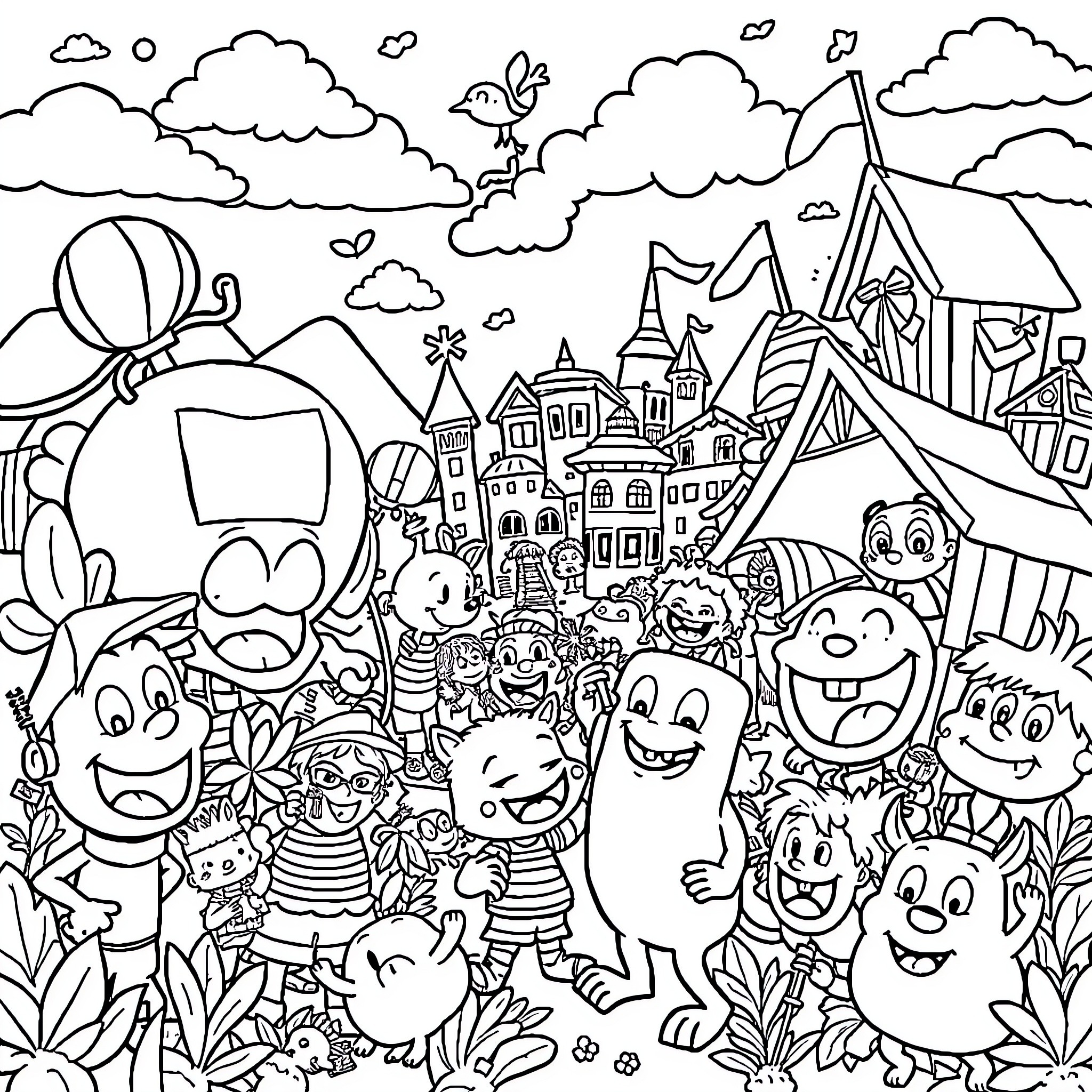 Cartoon Characters Exploring a Whimsical Landscape Coloring Page (free black-and-white line drawing printable PDF for all, from beginners to advanced learners, including children, teens, adults, and seniors)