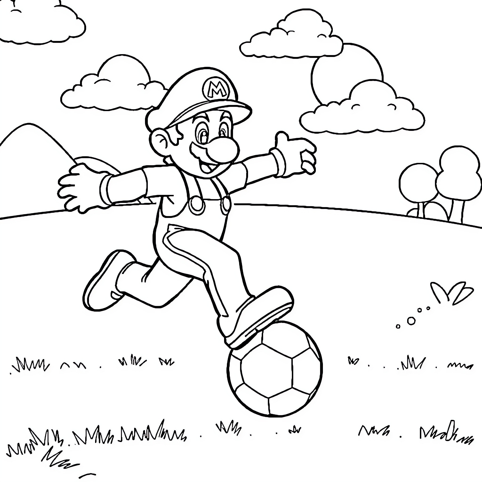 Mario Happily Playing Soccer in the Park Coloring Page (free black-and-white line drawing printable PDF for all, from beginners to advanced learners, including children, teens, adults, and seniors)