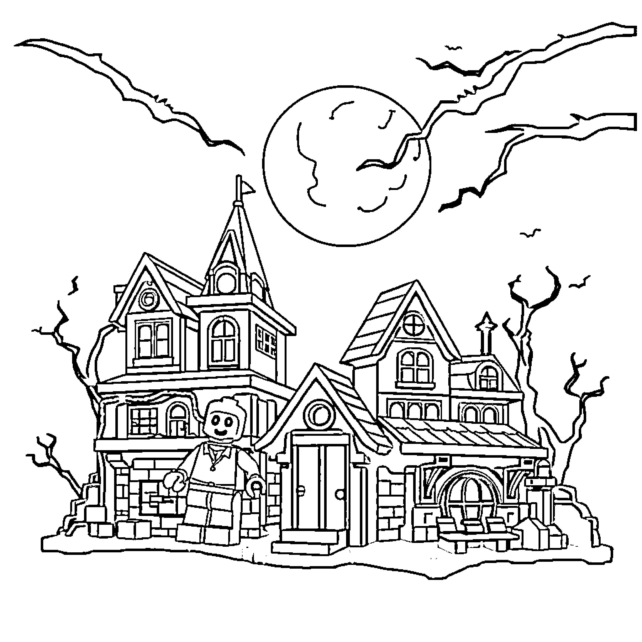 Lego Haunted House Scene with Spooky Atmosphere Coloring Page (free black-and-white line drawing printable PDF for all, from beginners to advanced learners, including children, teens, adults, and seniors)