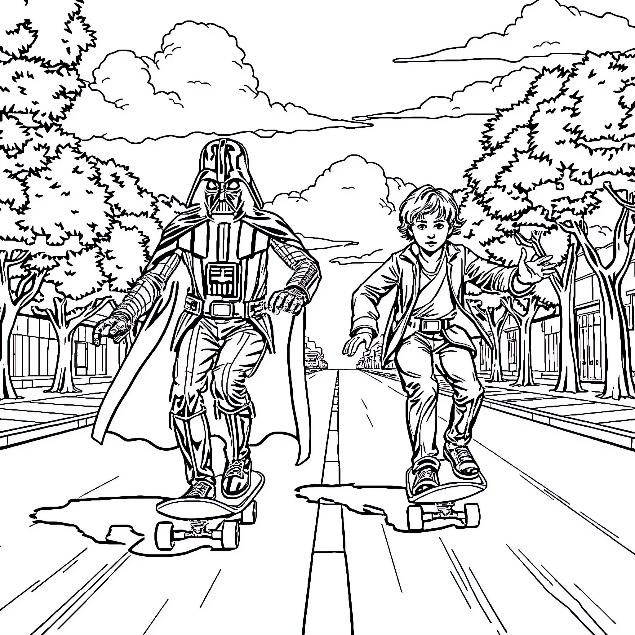 Darth Vader and Luke Skywalker journey through the forest Coloring Page (free black-and-white line drawing printable PDF for all, from beginners to advanced learners, including children, teens, adults, and seniors)