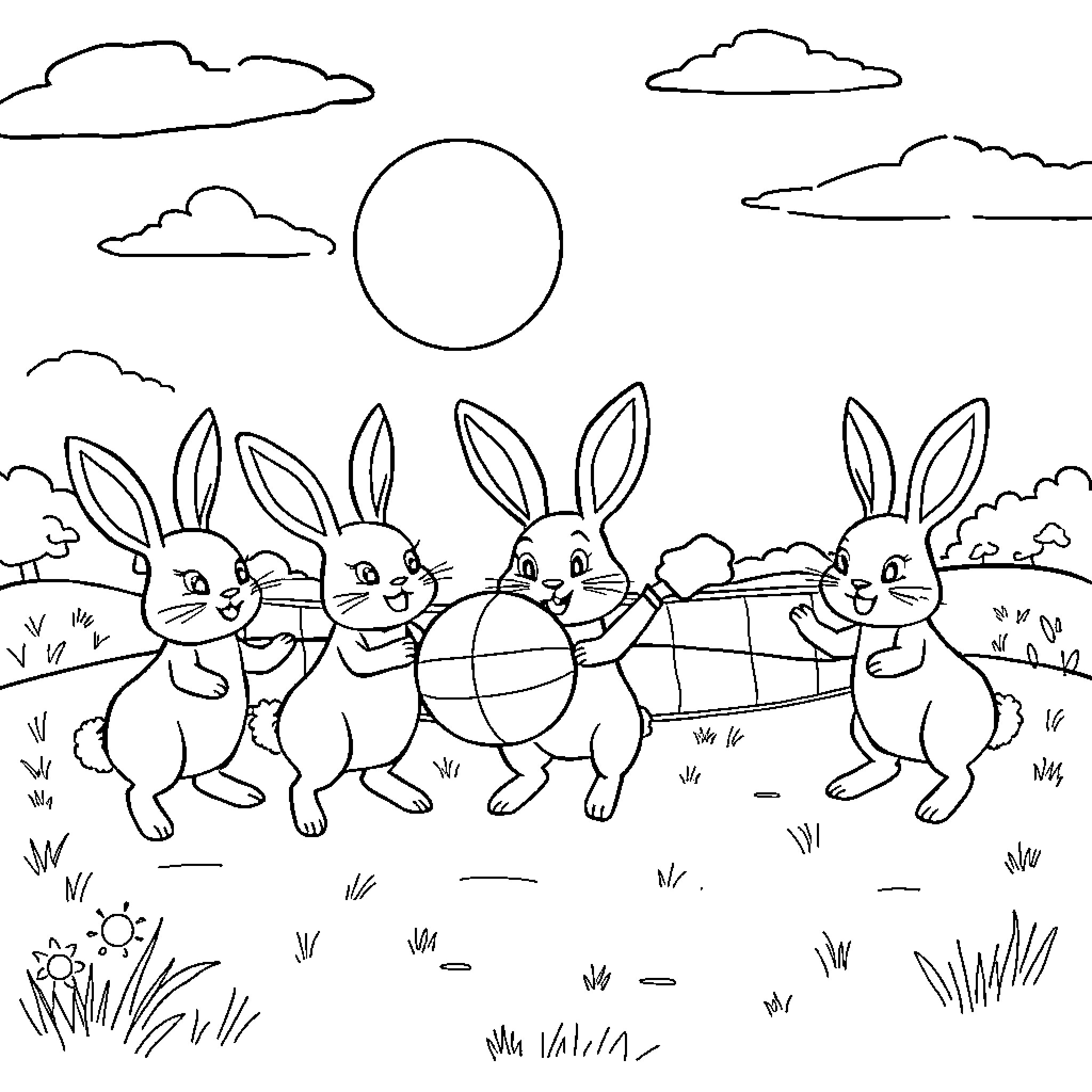 Bunny friends playing together in the meadow Coloring Page (free black-and-white line drawing printable PDF for all, from beginners to advanced learners, including children, teens, adults, and seniors)