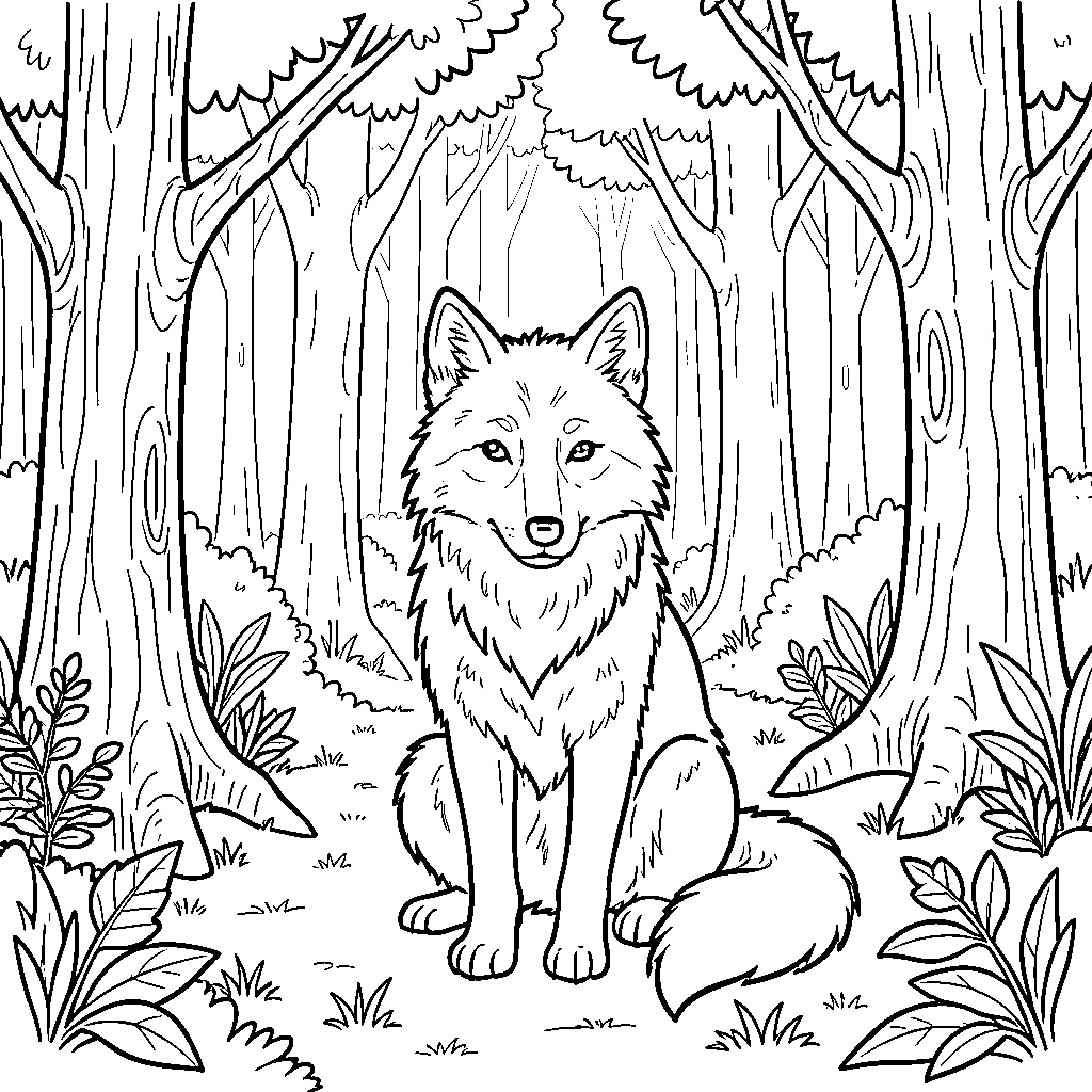 Wolf sitting calmly in a dense forest Coloring Page (free black-and-white line drawing printable PDF for all, from beginners to advanced learners, including children, teens, adults, and seniors)