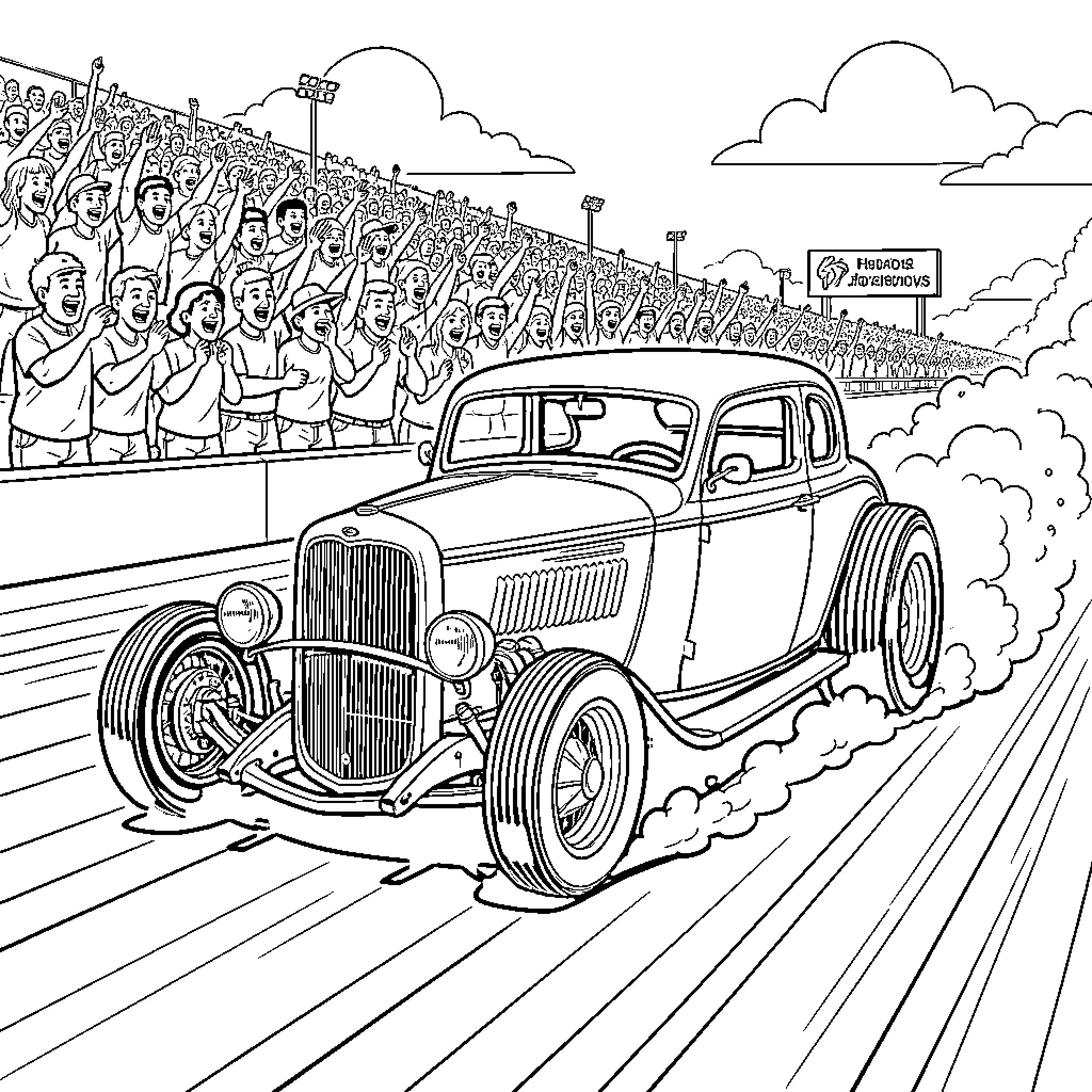 Mustang speeding through the racing crowd Coloring Page (free black-and-white line drawing printable PDF for all, from beginners to advanced learners, including children, teens, adults, and seniors)
