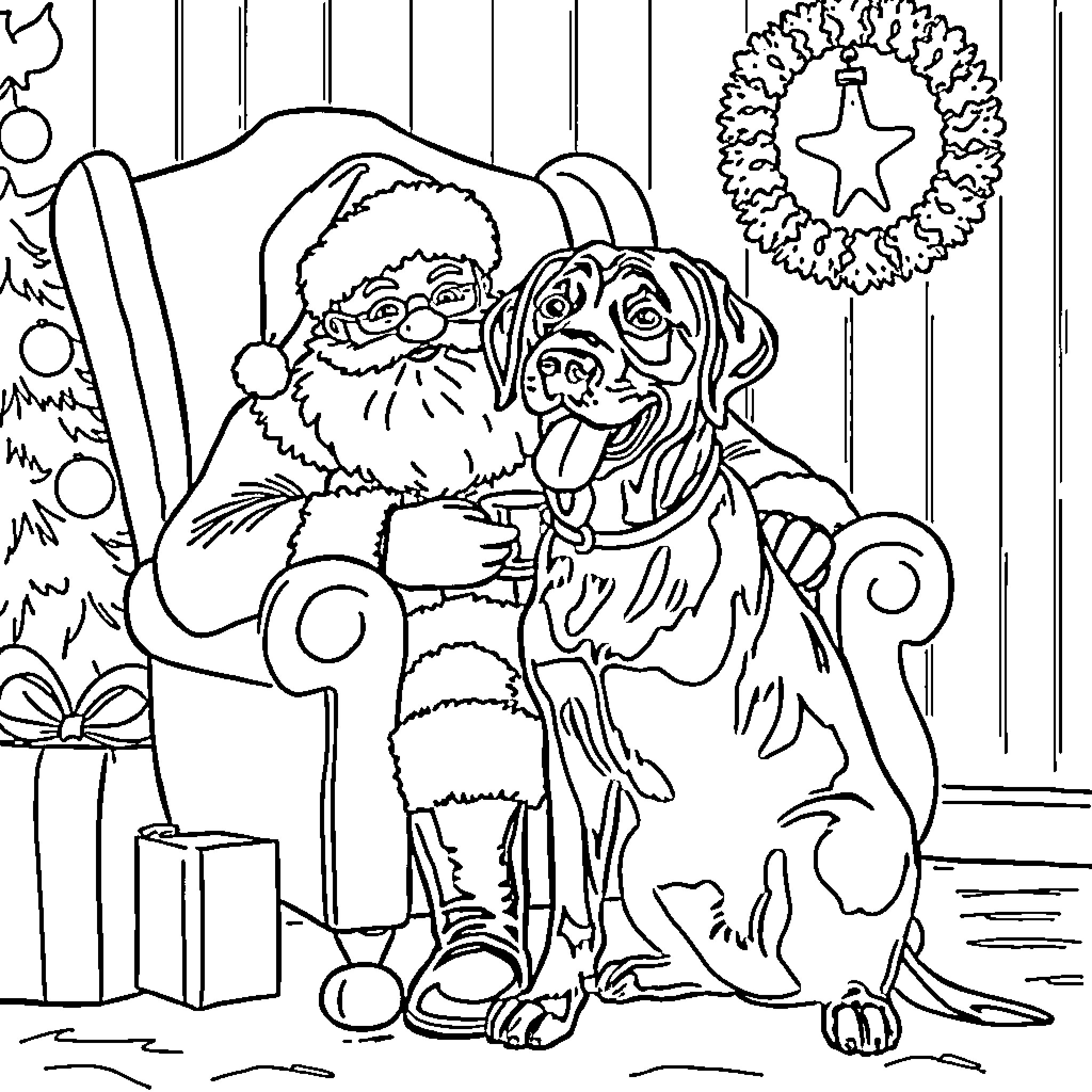 Labrador and Santa Enjoying the Holidays Coloring Page (free black-and-white line drawing printable PDF for all, from beginners to advanced learners, including children, teens, adults, and seniors)
