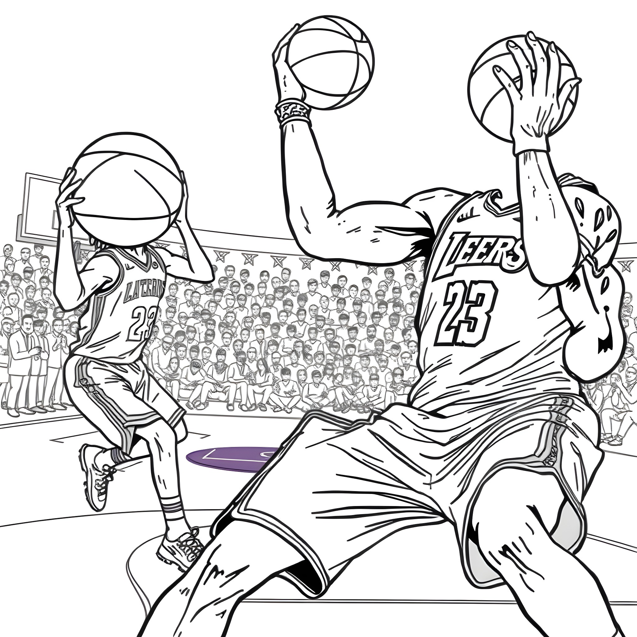 Bonny Blue Basketball Showdown on the Court Coloring Page (free black-and-white line drawing printable PDF for all, from beginners to advanced learners, including children, teens, adults, and seniors)