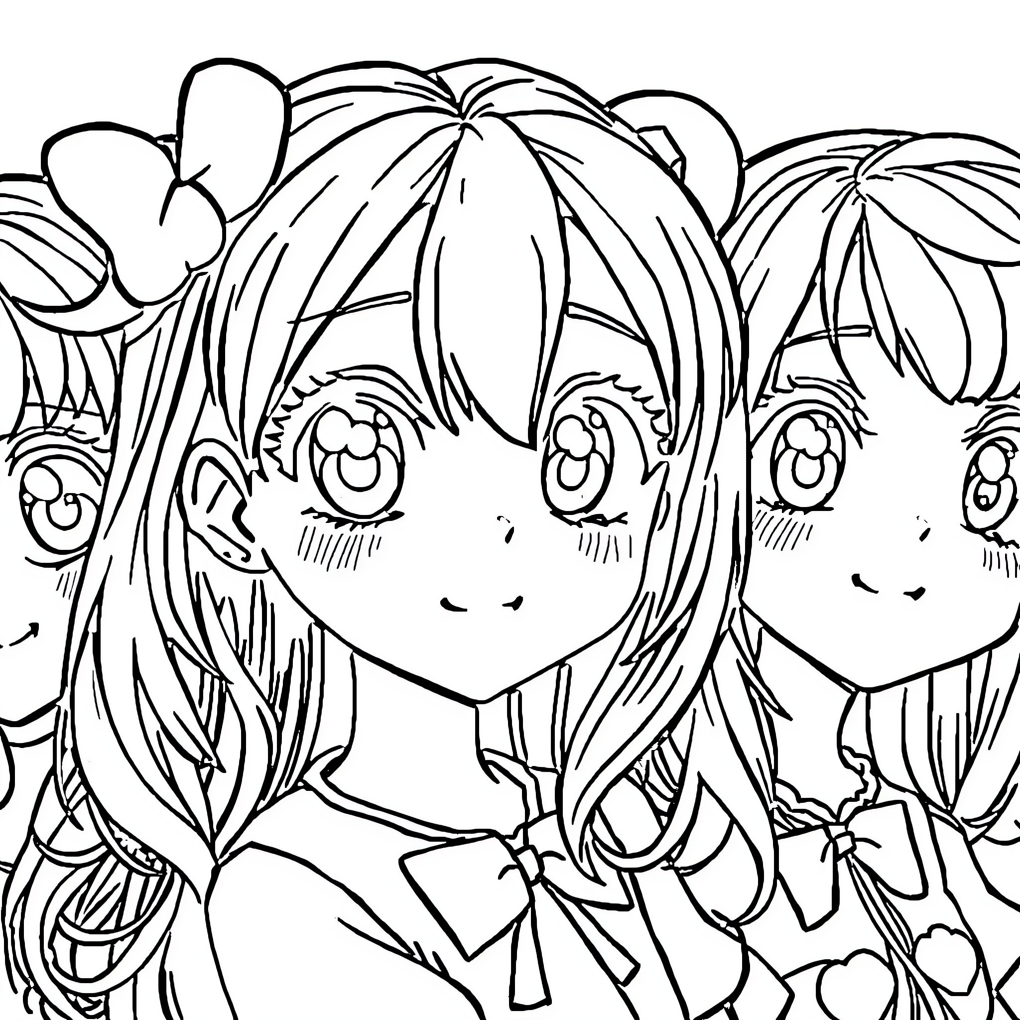 Anime Girls in Friendly Conversation Coloring Page (free black-and-white line drawing printable PDF for all, from beginners to advanced learners, including children, teens, adults, and seniors)