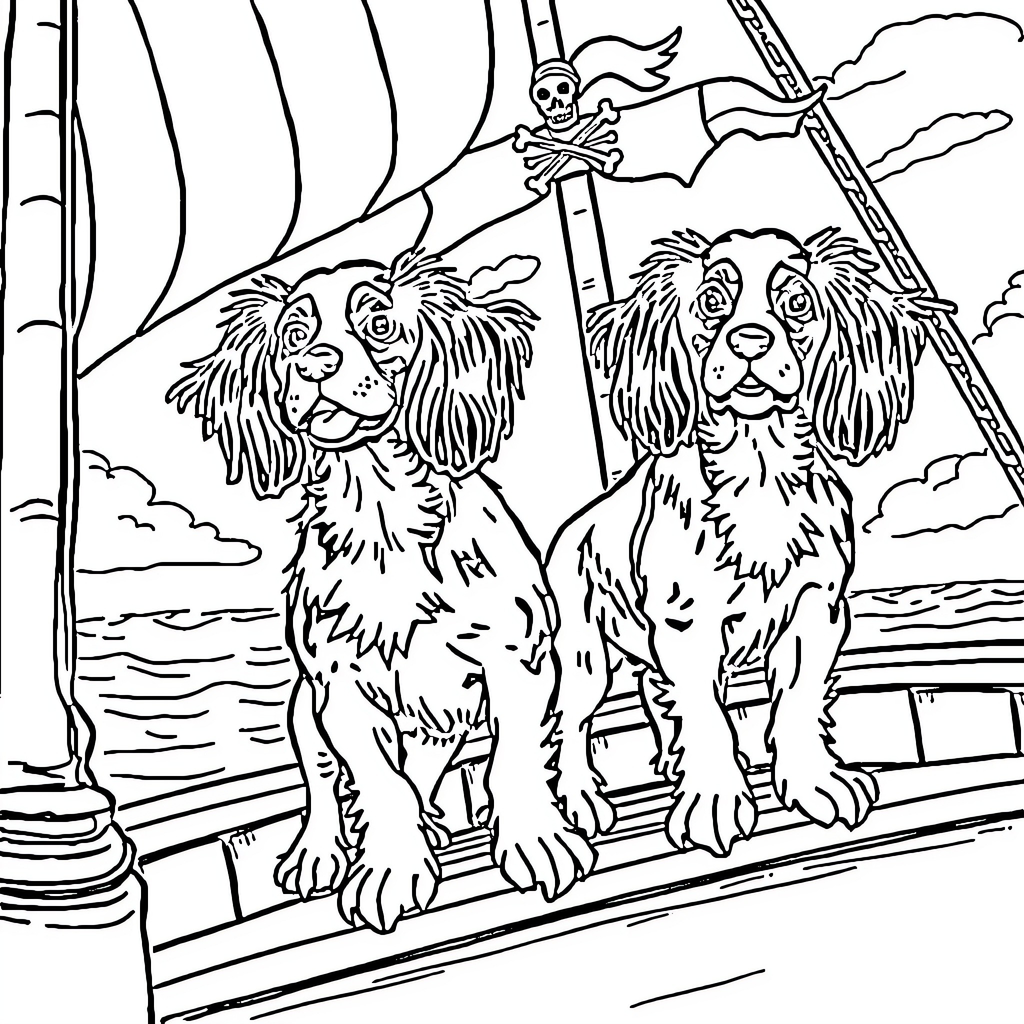 Cocker Spaniels sailing on a pirate ship Coloring Page (free black-and-white line drawing printable PDF for all, from beginners to advanced learners, including children, teens, adults, and seniors)