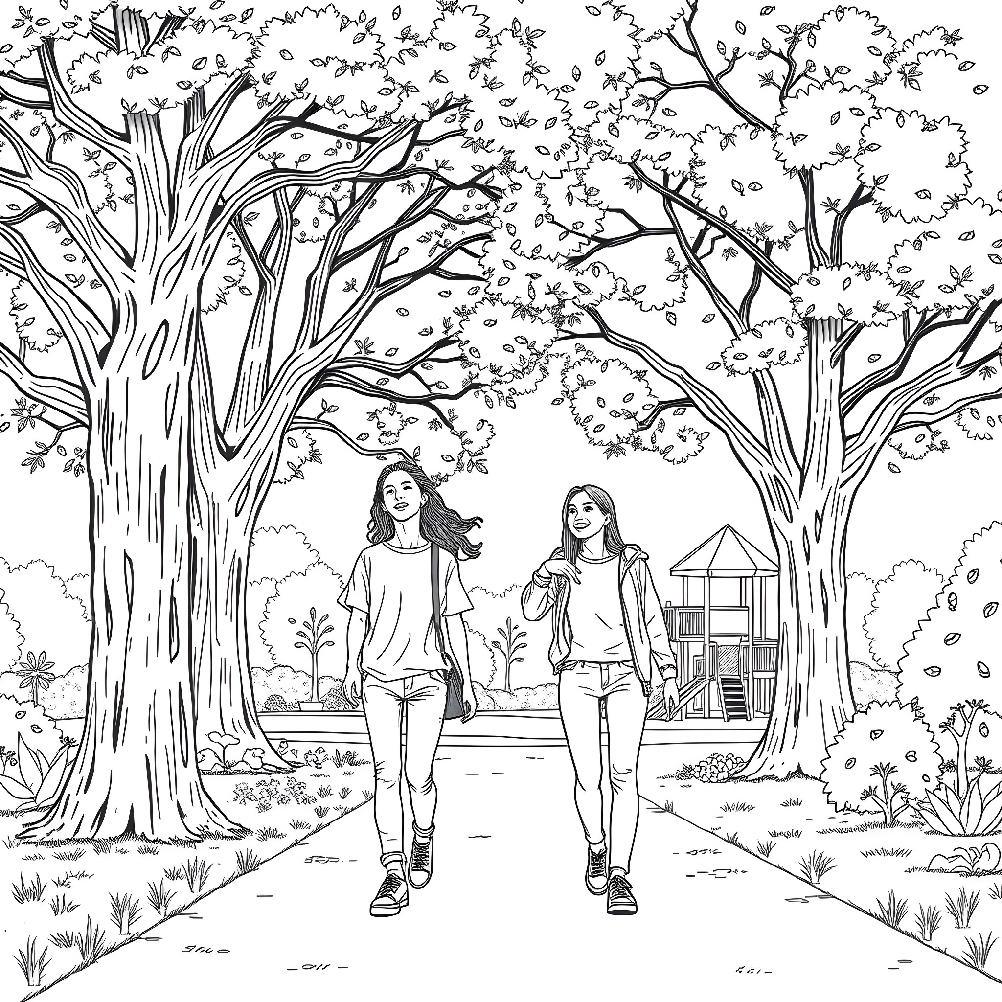 Teen girls exploring scenic forest park Coloring Page (free black-and-white line drawing printable PDF for all, from beginners to advanced learners, including children, teens, adults, and seniors)