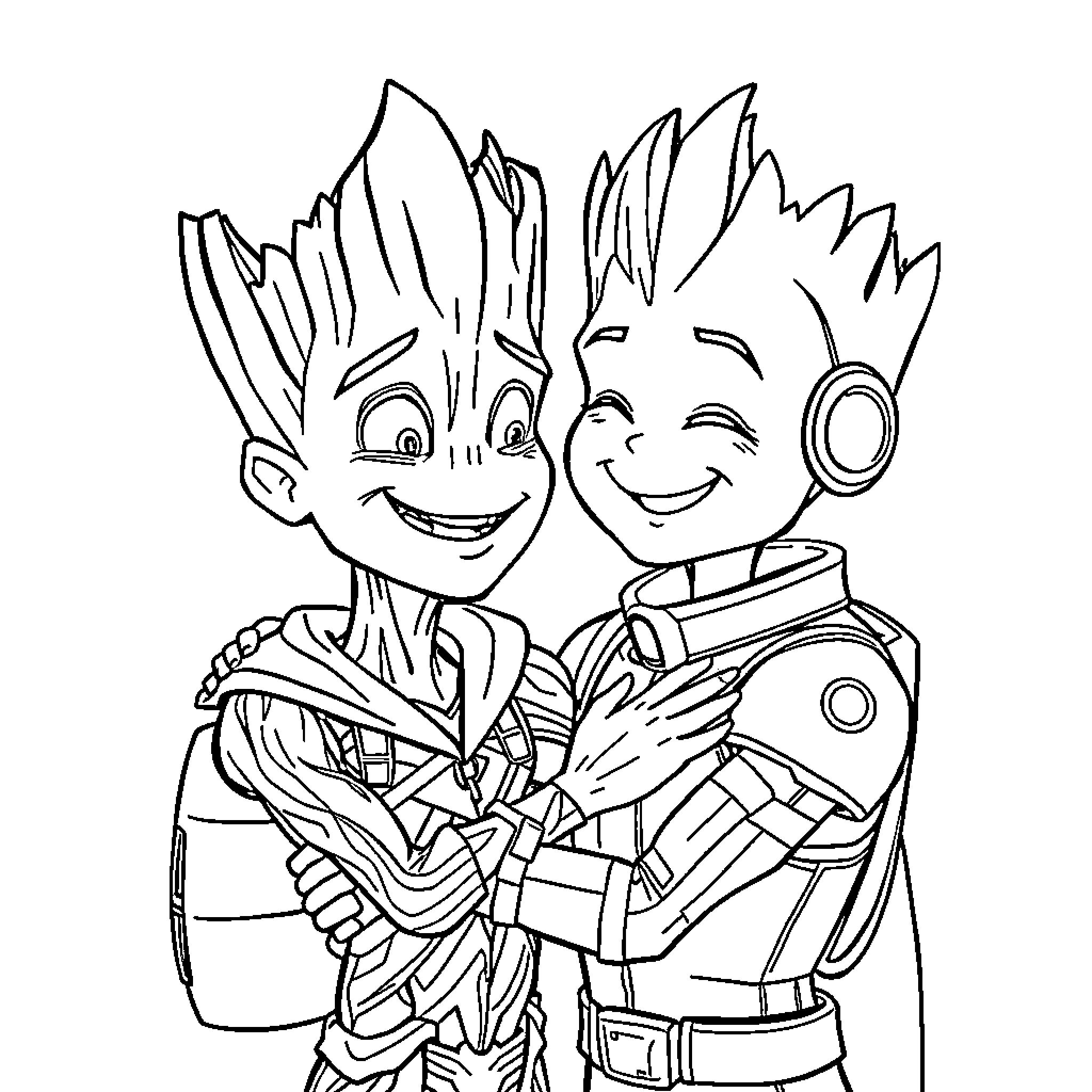 Groot and friend in a playful embrace Coloring Page (free black-and-white line drawing printable PDF for all, from beginners to advanced learners, including children, teens, adults, and seniors)