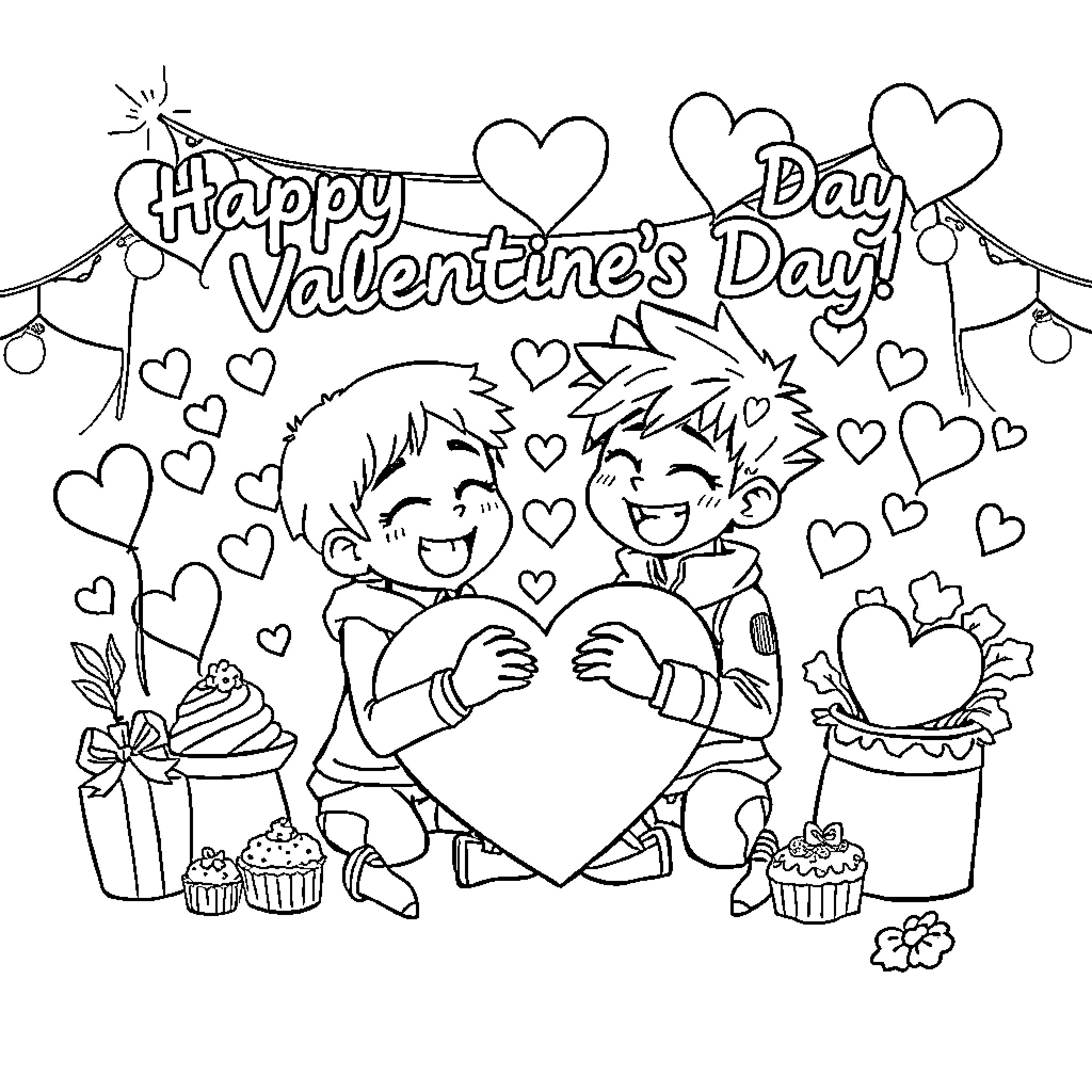 My Hero Academia Characters Celebrate Valentine's Day Coloring Page (free black-and-white line drawing printable PDF for all, from beginners to advanced learners, including children, teens, adults, and seniors)