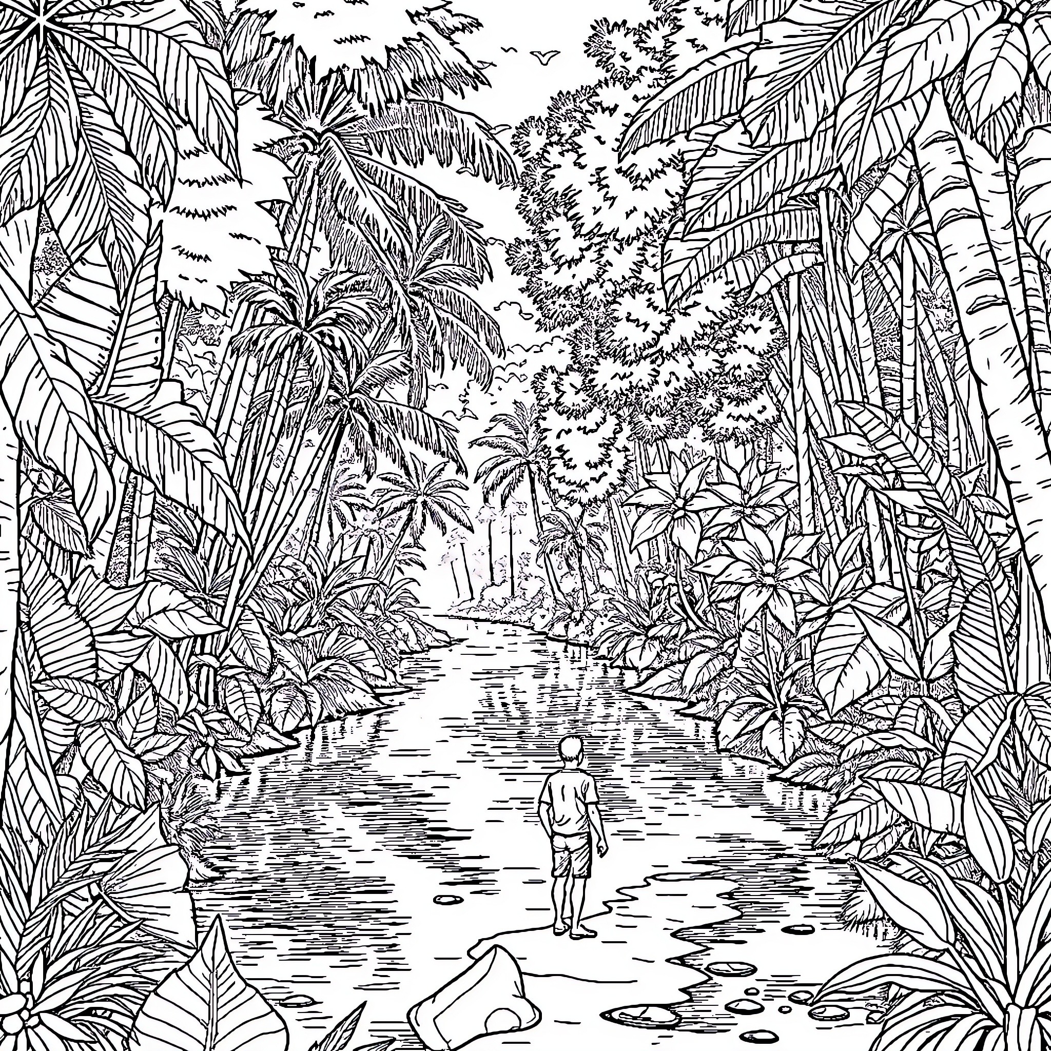Man exploring lush tropical jungle landscape Coloring Page (free black-and-white line drawing printable PDF for all, from beginners to advanced learners, including children, teens, adults, and seniors)
