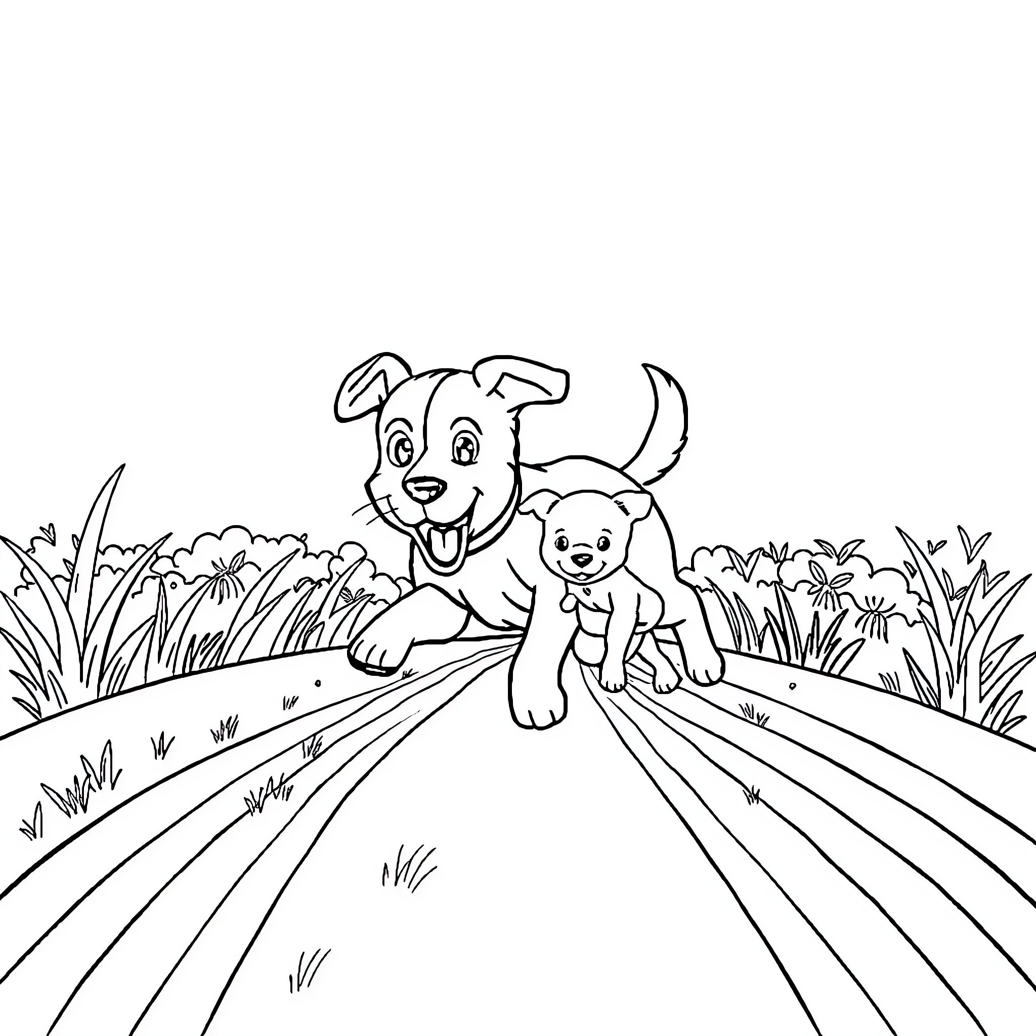 Dog and puppy playing joyfully in the park Coloring Page (free black-and-white line drawing printable PDF for all, from beginners to advanced learners, including children, teens, adults, and seniors)