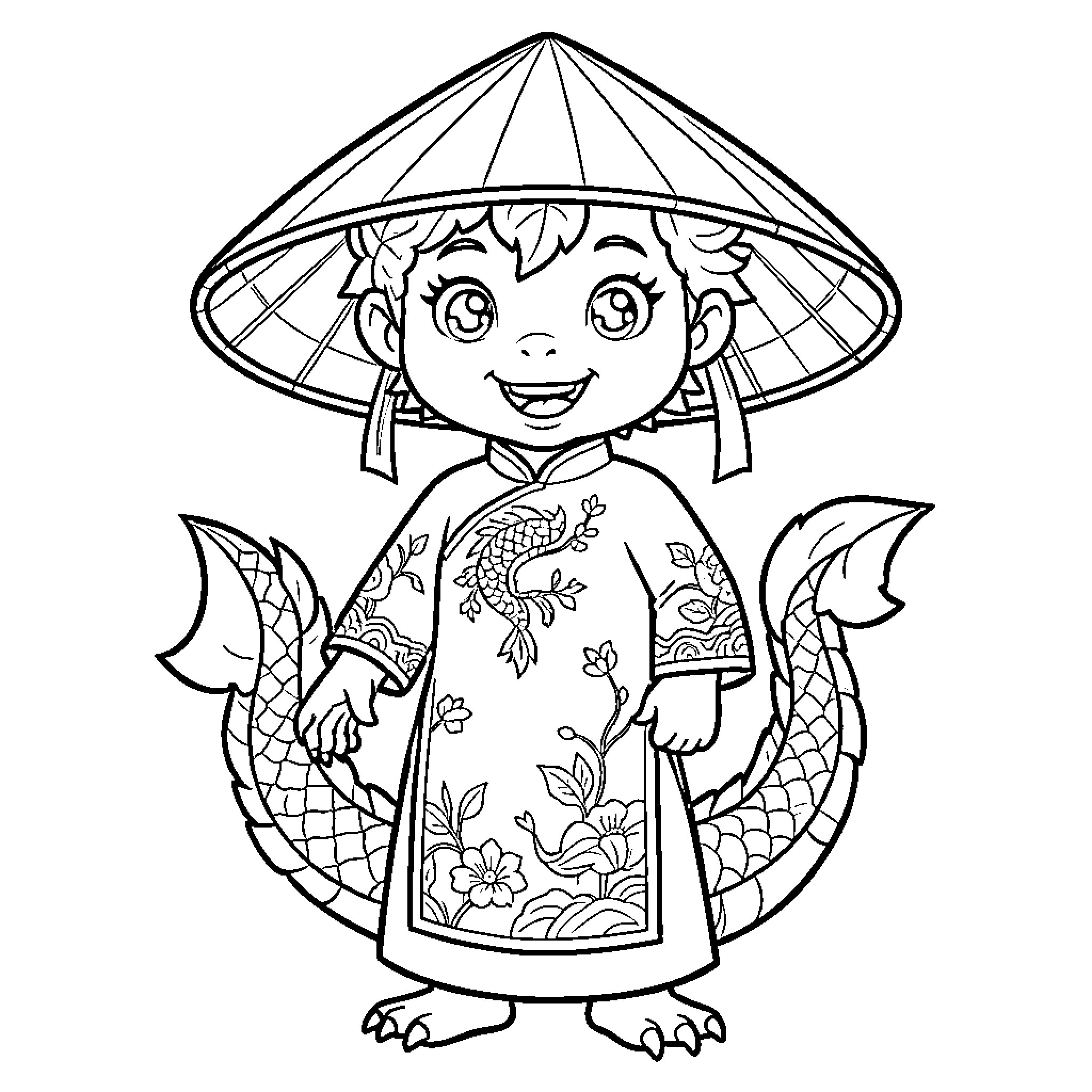 Dragon-themed child in traditional Asian outfit Coloring Page (free black-and-white line drawing printable PDF for all, from beginners to advanced learners, including children, teens, adults, and seniors)