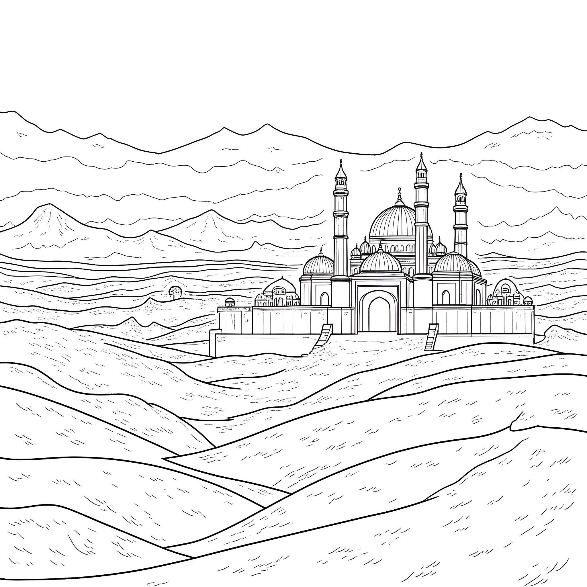 Persia - Magnificent Mosque in the Mountainous Landscape Coloring Page (free black-and-white line drawing printable PDF for all, from beginners to advanced learners, including children, teens, adults, and seniors)
