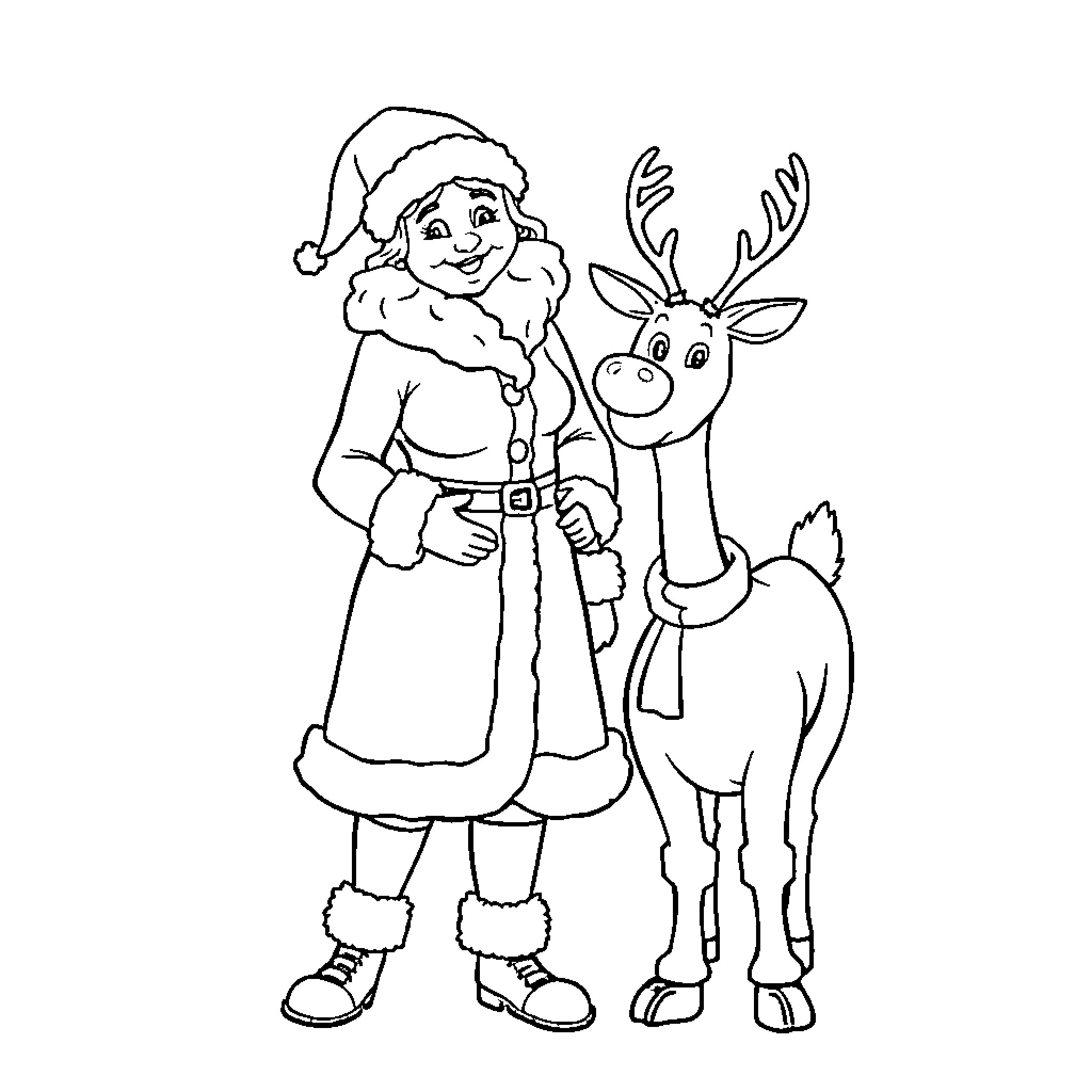Mrs. Clause and her Reindeer Friend Coloring Page (free black-and-white line drawing printable PDF for all, from beginners to advanced learners, including children, teens, adults, and seniors)