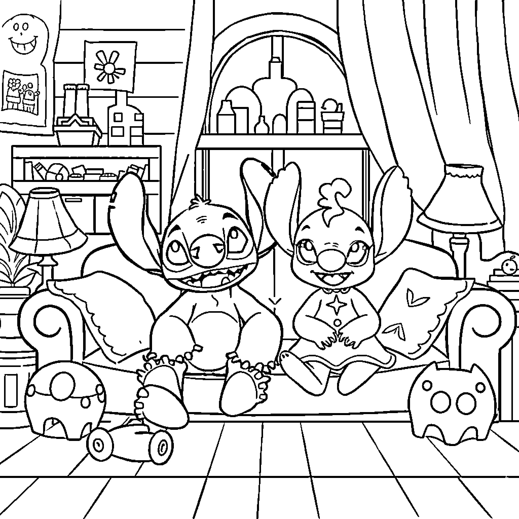 Stitch and Lilo enjoying a cozy day at home Coloring Page (free black-and-white line drawing printable PDF for all, from beginners to advanced learners, including children, teens, adults, and seniors)
