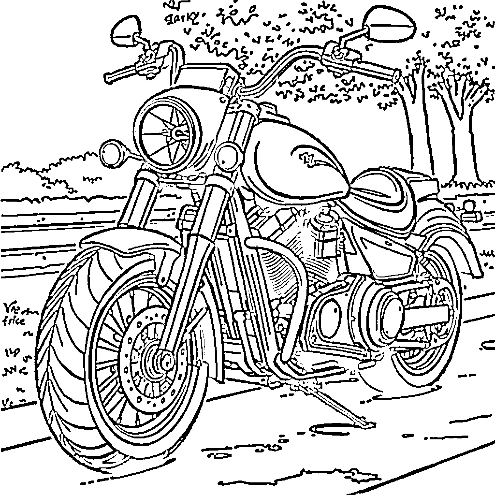 Motorcycle speeding through the countryside Coloring Page (free black-and-white line drawing printable PDF for all, from beginners to advanced learners, including children, teens, adults, and seniors)