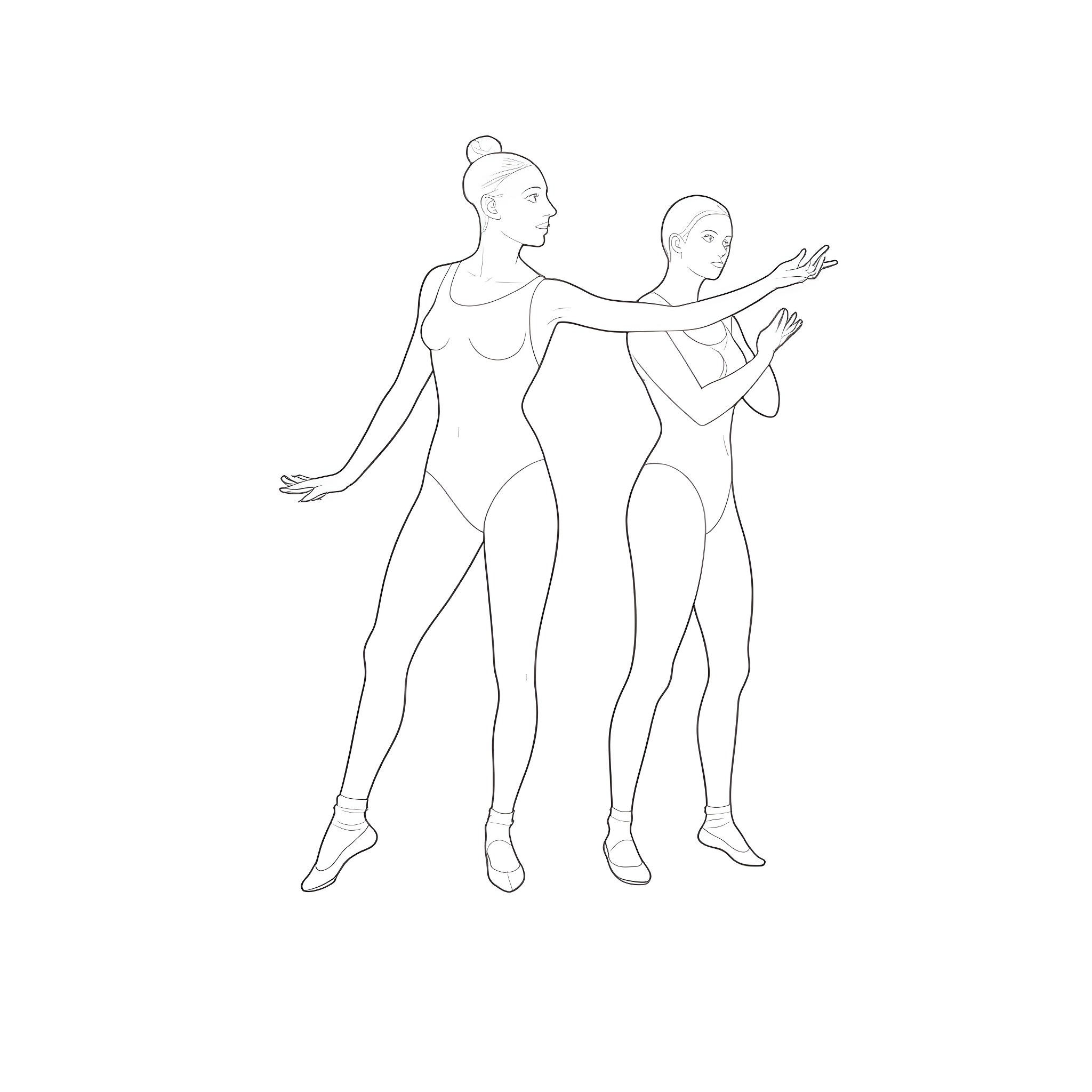 Dancer duo performing in graceful poses Coloring Page (free black-and-white line drawing printable PDF for all, from beginners to advanced learners, including children, teens, adults, and seniors)